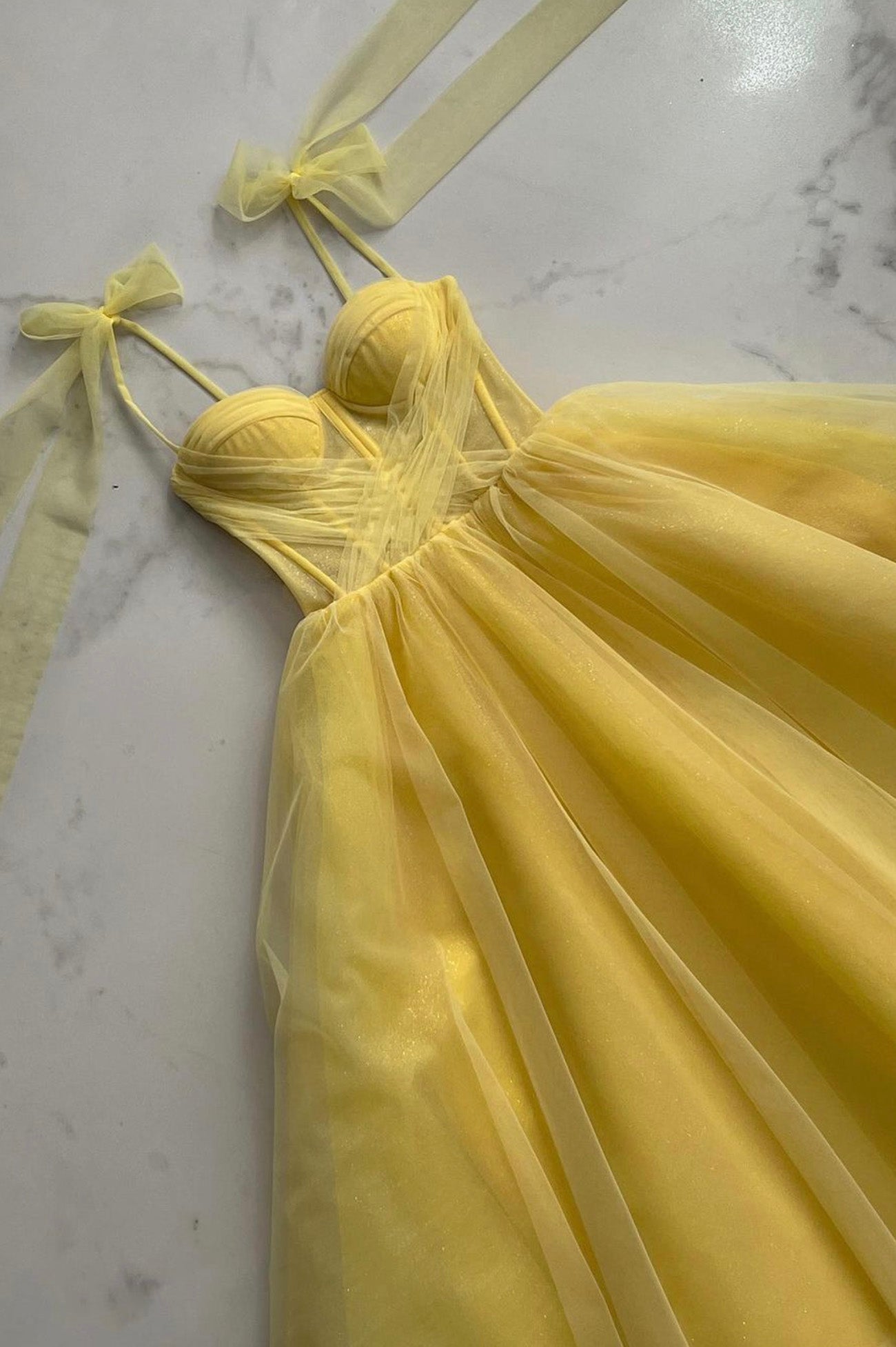 Yellow Tulle Long A-Line Evening Dress, Cute Spaghetti Strap Prom Dres Yellow Tulle Long A-Line Evening Dress, Cute Spaghetti Strap Prom Dres