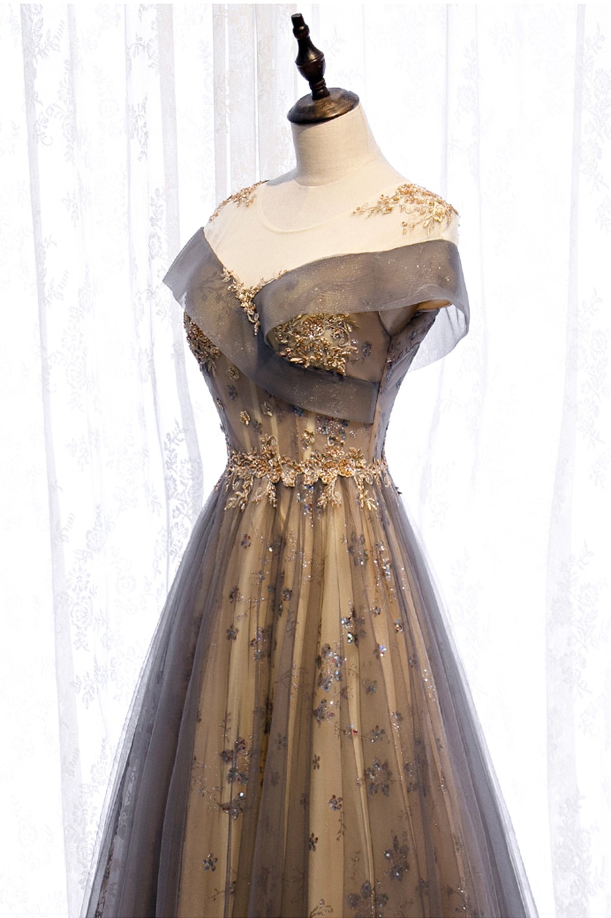 Gray Scoop Tulle Sequins Long Prom Dress, A-Line Evening Party Dress