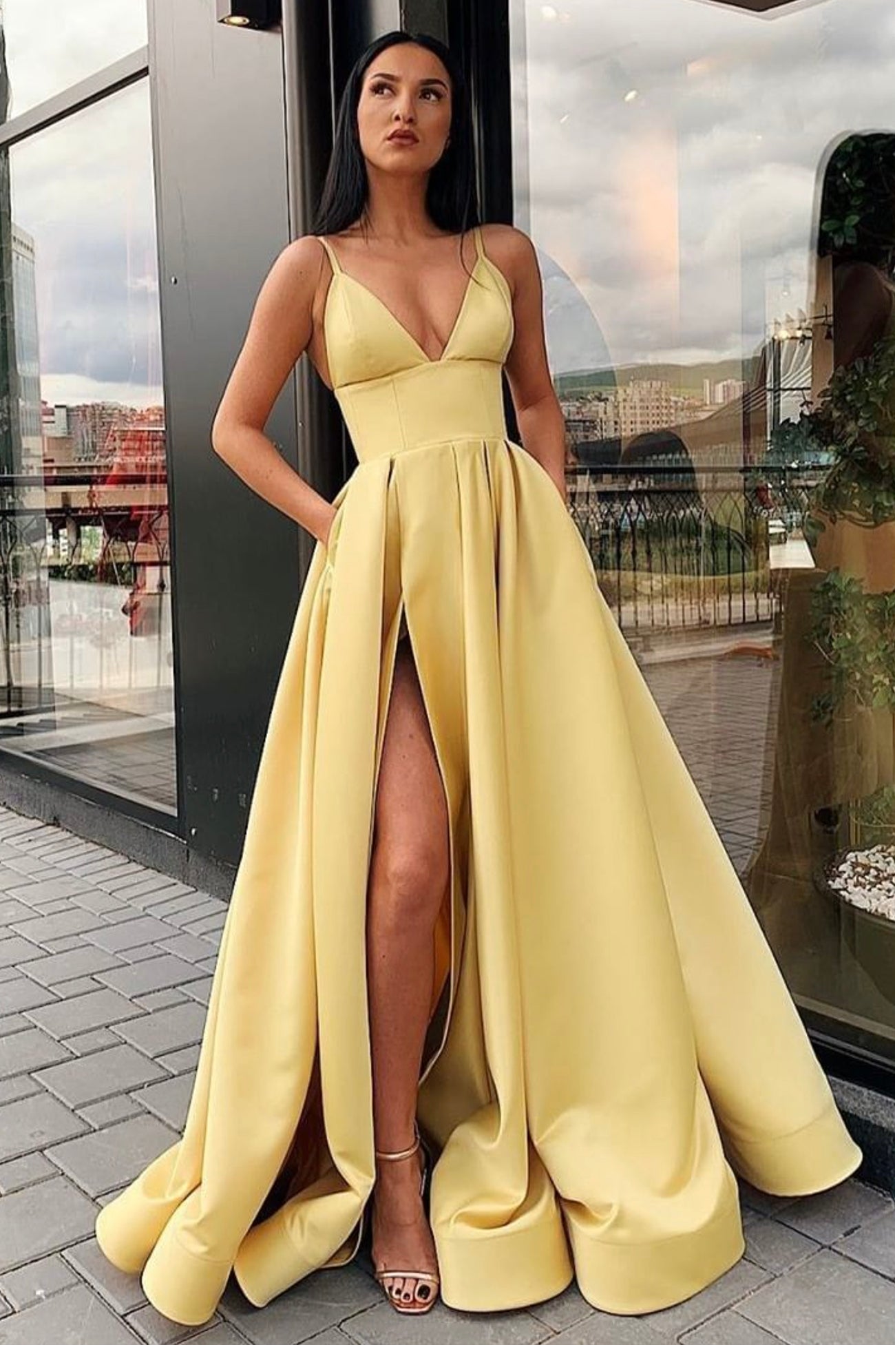 Simple Satin Long A-Line Prom Dress, V-Neck Evening Dress with Slit Simple Satin Long A-Line Prom Dress, V-Neck Evening Dress with Slit