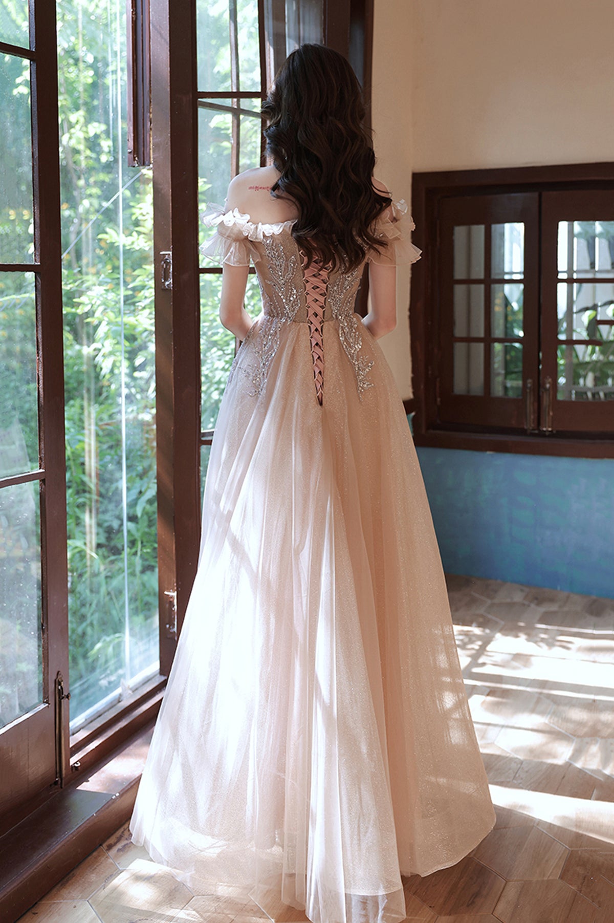 Off the Shoulder Tulle Beaded Long Prom Dress, A-Line Evening Party Dress