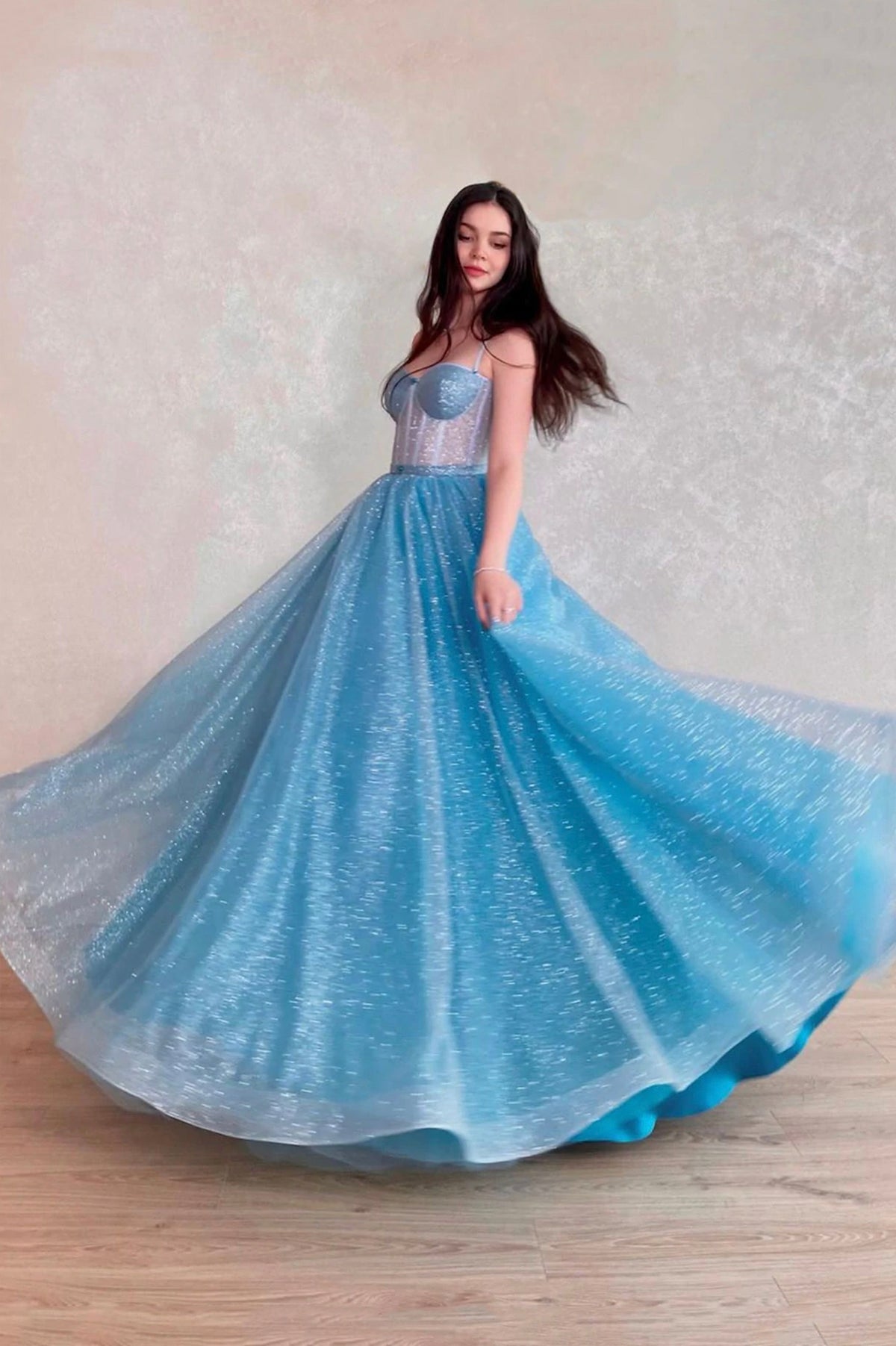 Blue Tulle Long A-Line Prom Dress, Blue Lace-Up Evening Dress with Corset