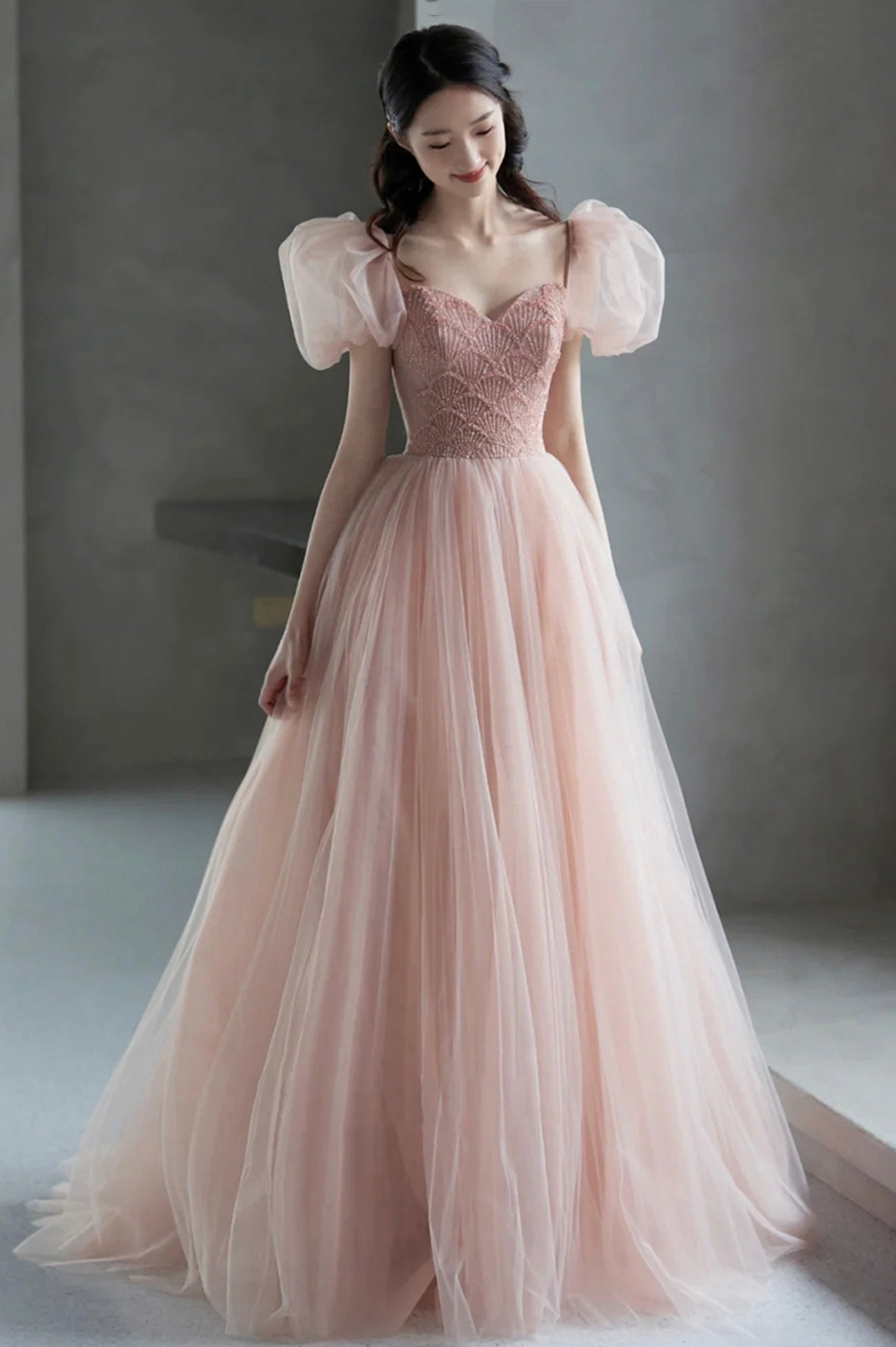 Pink Tulle Long A-Line Prom Dress with Beaded, Lovely Puff Sleeve Even Pink Tulle Long A-Line Prom Dress with Beaded, Lovely Puff Sleeve Even