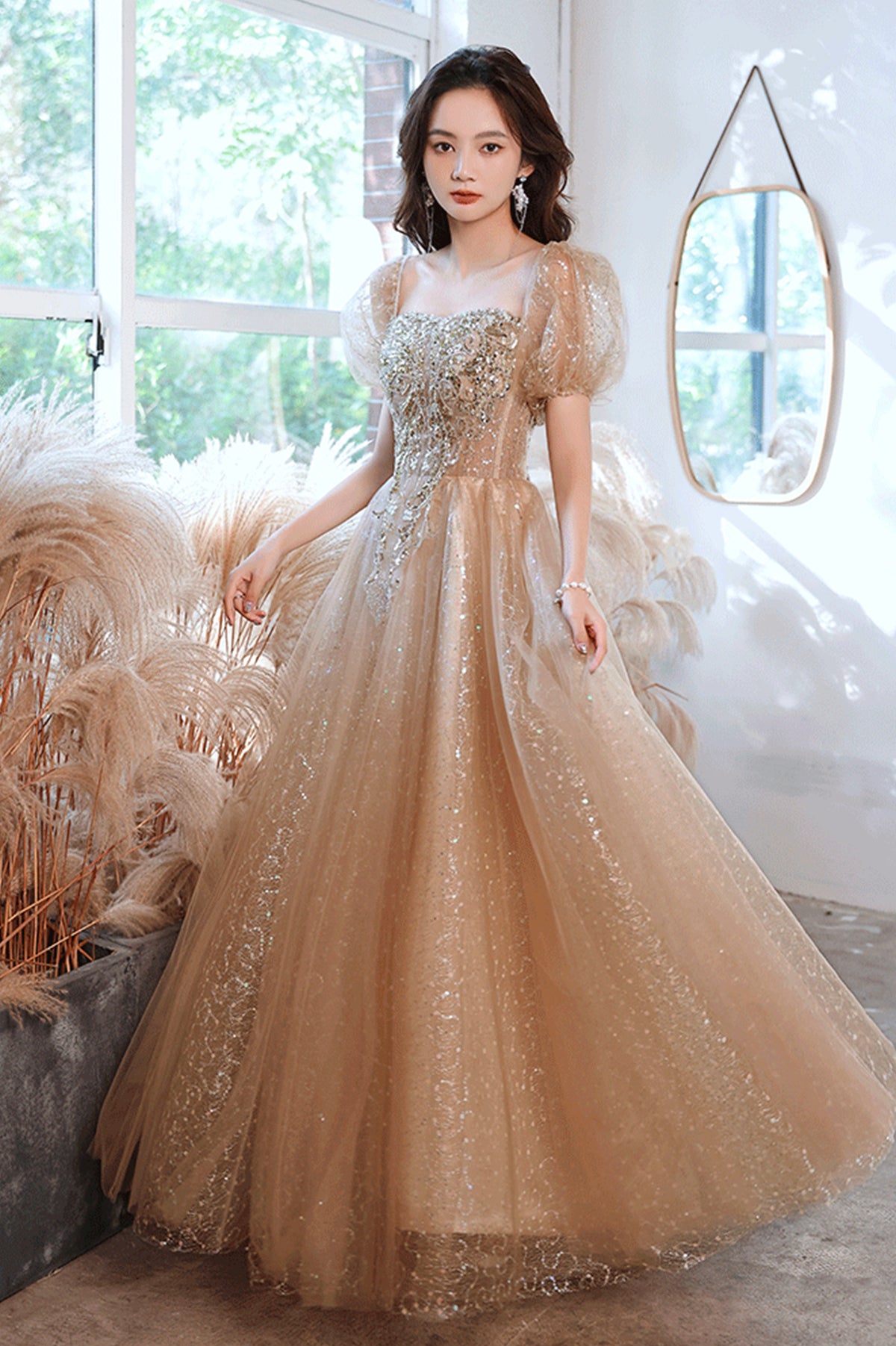 Shiny Tulle Sequins Long Prom Dress, Champagne A-Line Evening Party Dress