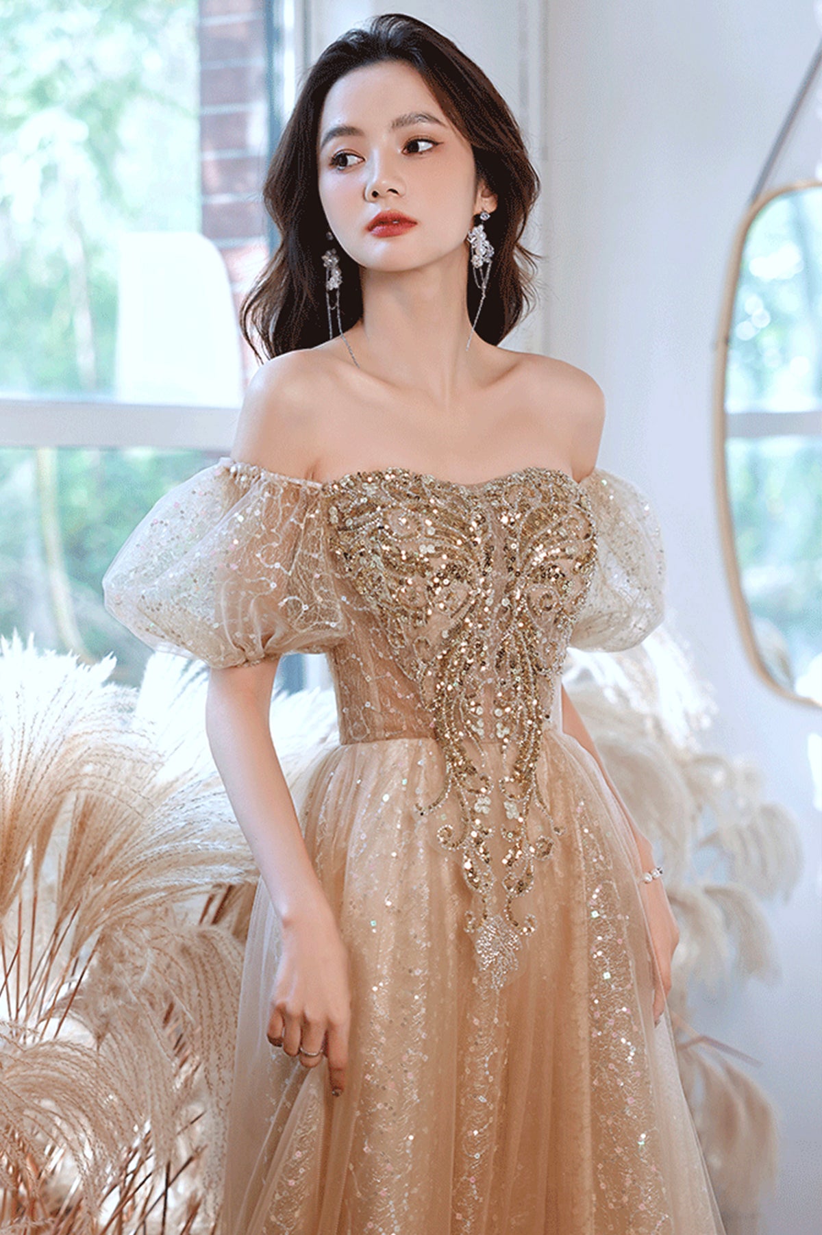 Shiny Tulle Sequins Long Prom Dress, Champagne A-Line Evening Party Dress