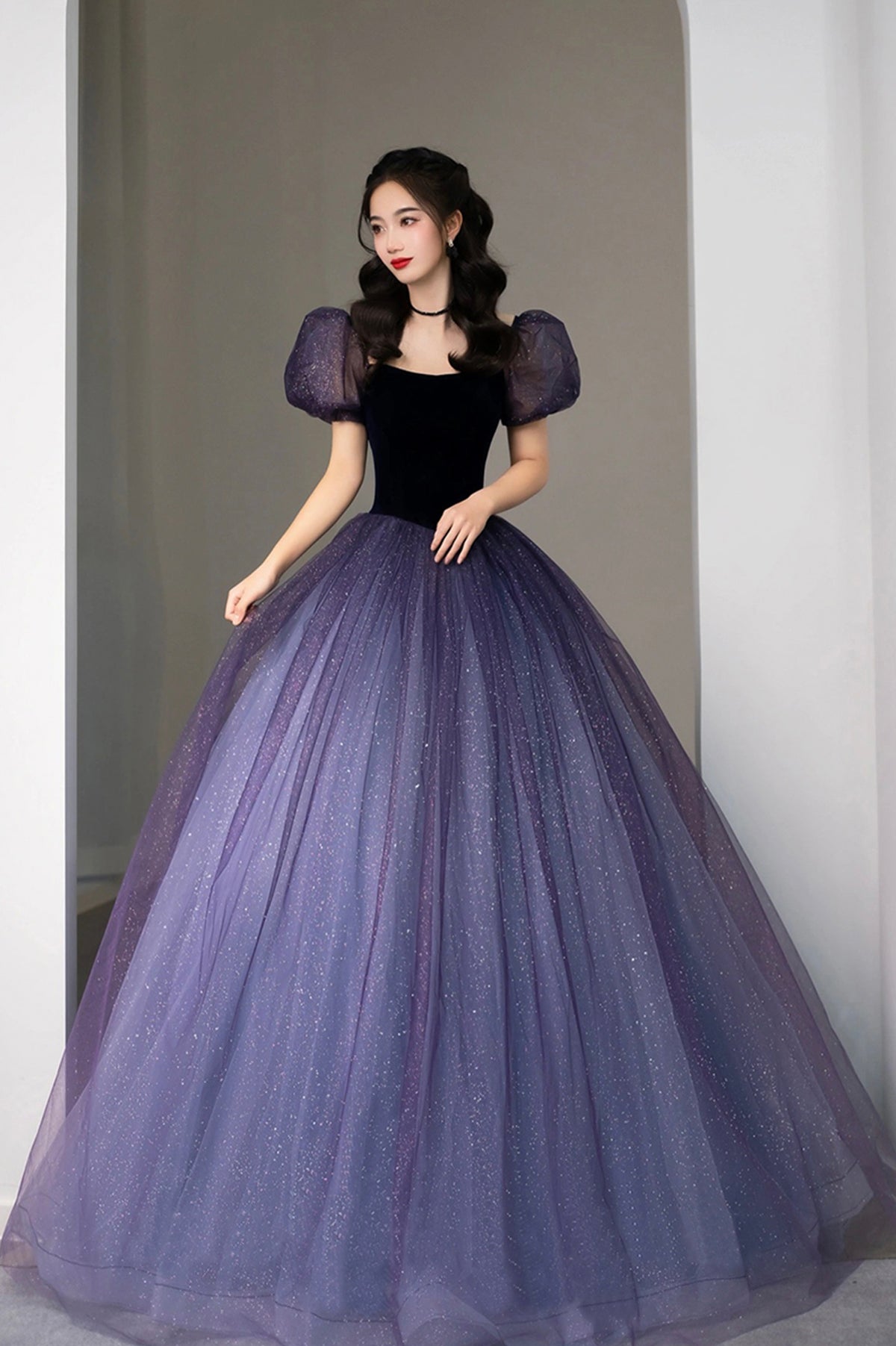 Purple Tulle Long Princess Dress, Cute Short Sleeve Formal Evening Dress