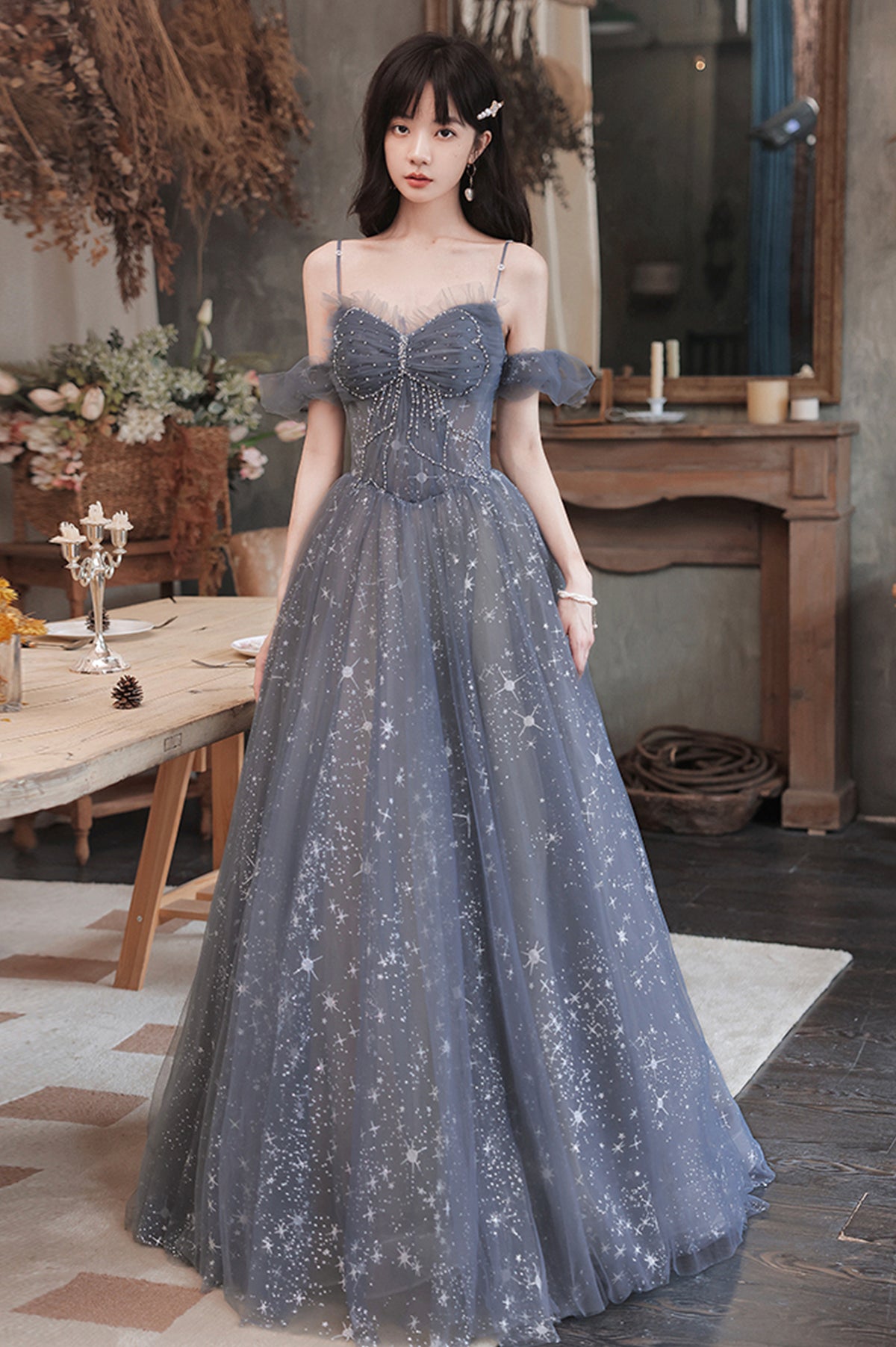 A-Line Spaghetti Straps Tulle Long Prom Dress, Cute A-Line Evening Dress