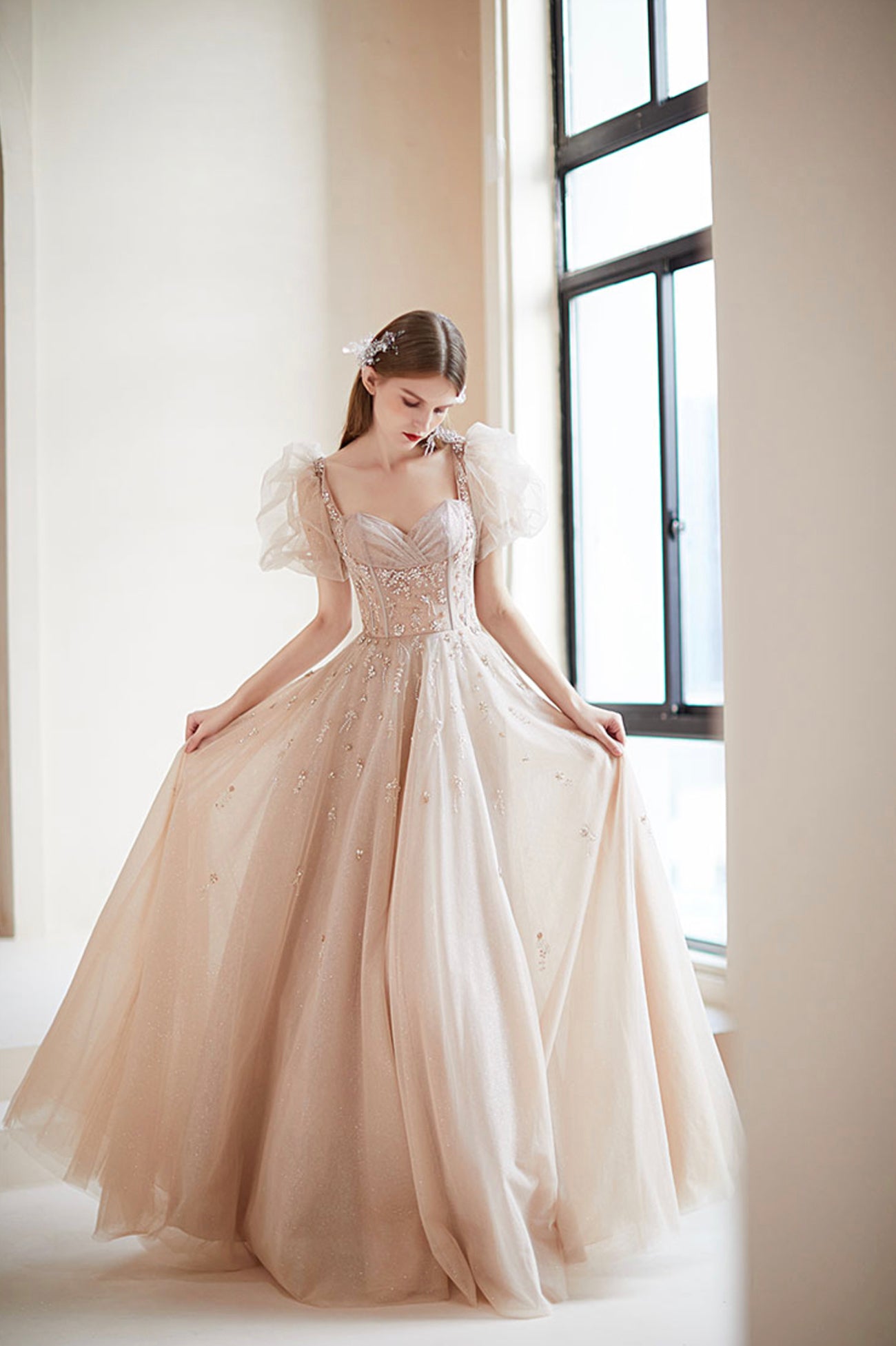 Champagne Tulle Long Prom Dress with Beaded, Cute A-Line Graduation Dr Champagne Tulle Long Prom Dress with Beaded, Cute A-Line Graduation Dr