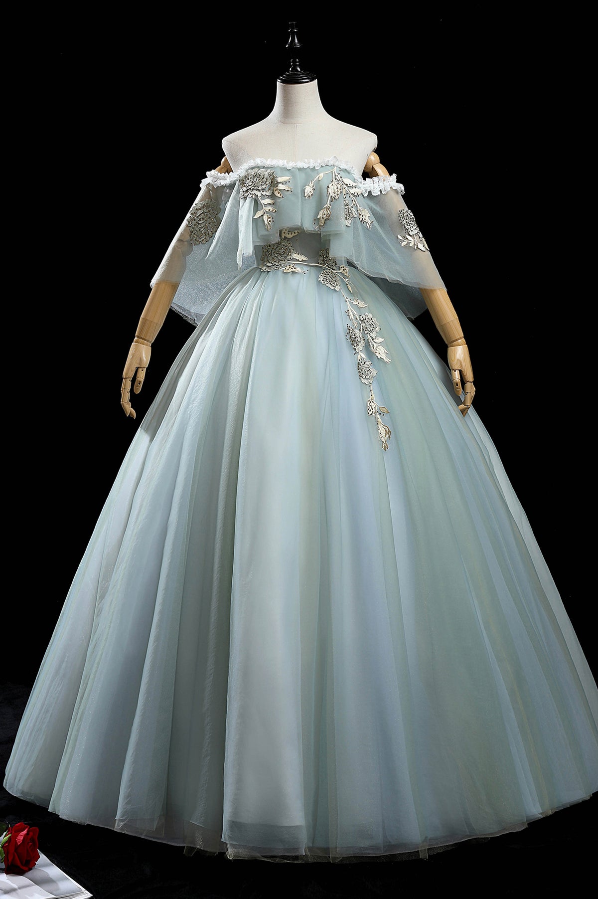 Green Lace Long A-Line Off the Shoulder Prom Dress, Beautiful Evening Party Dress