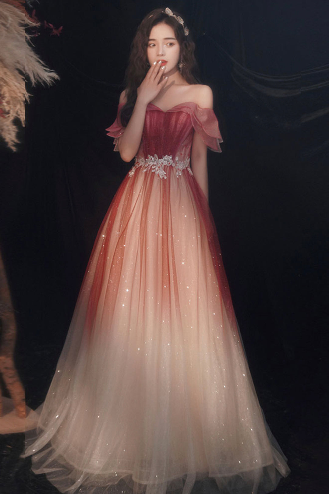 Burgundy Gradient Tulle Long A-Line Prom Dress, Off the Shoulder Evening Party Dress