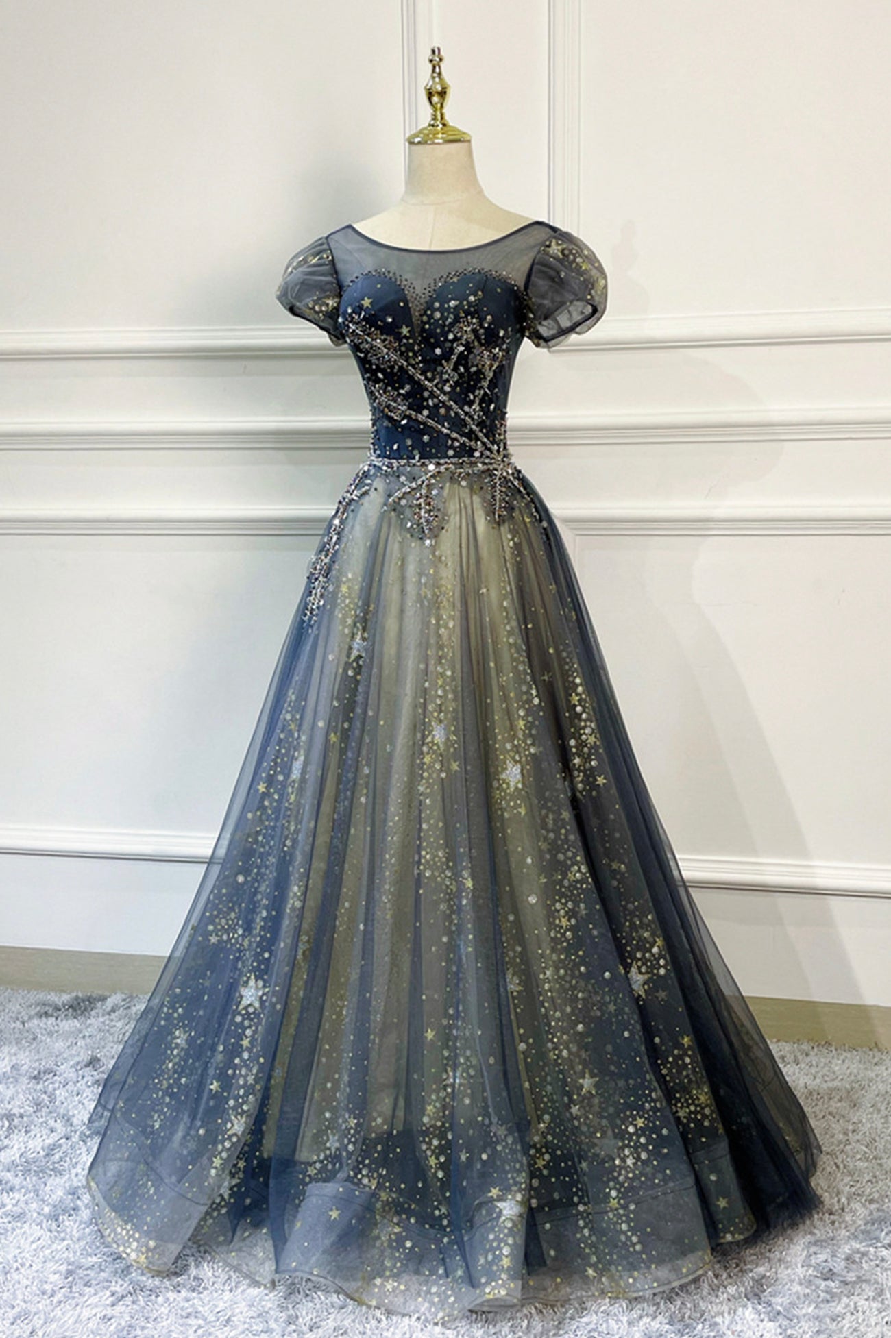 Blue Scoop Neckline Tulle Long Prom Dress with Beaded, A-Line Evening Blue Scoop Neckline Tulle Long Prom Dress with Beaded, A-Line Evening