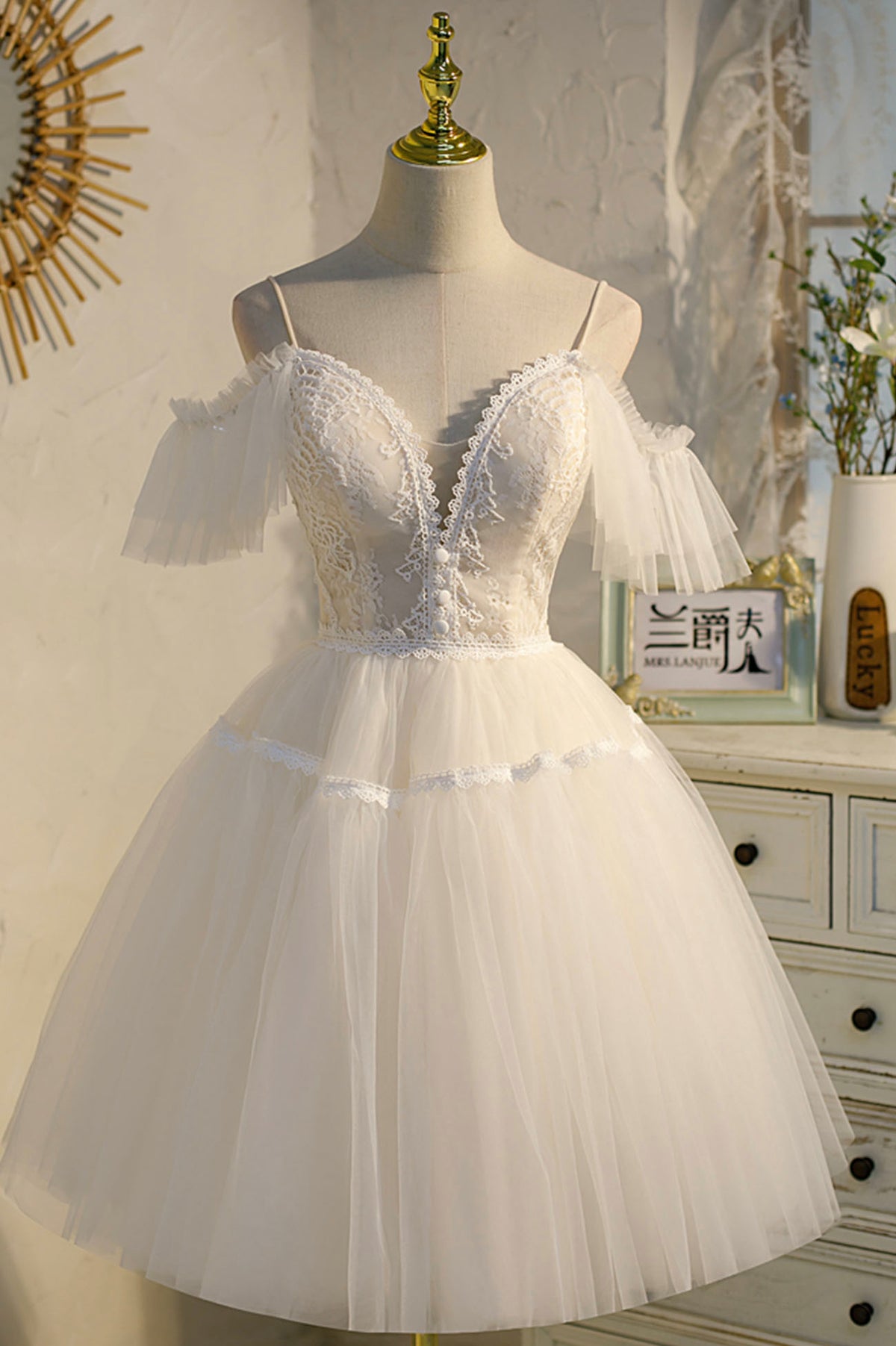 Champagne Spaghetti Straps Lace Short Prom Dress, A-Line Party Dress