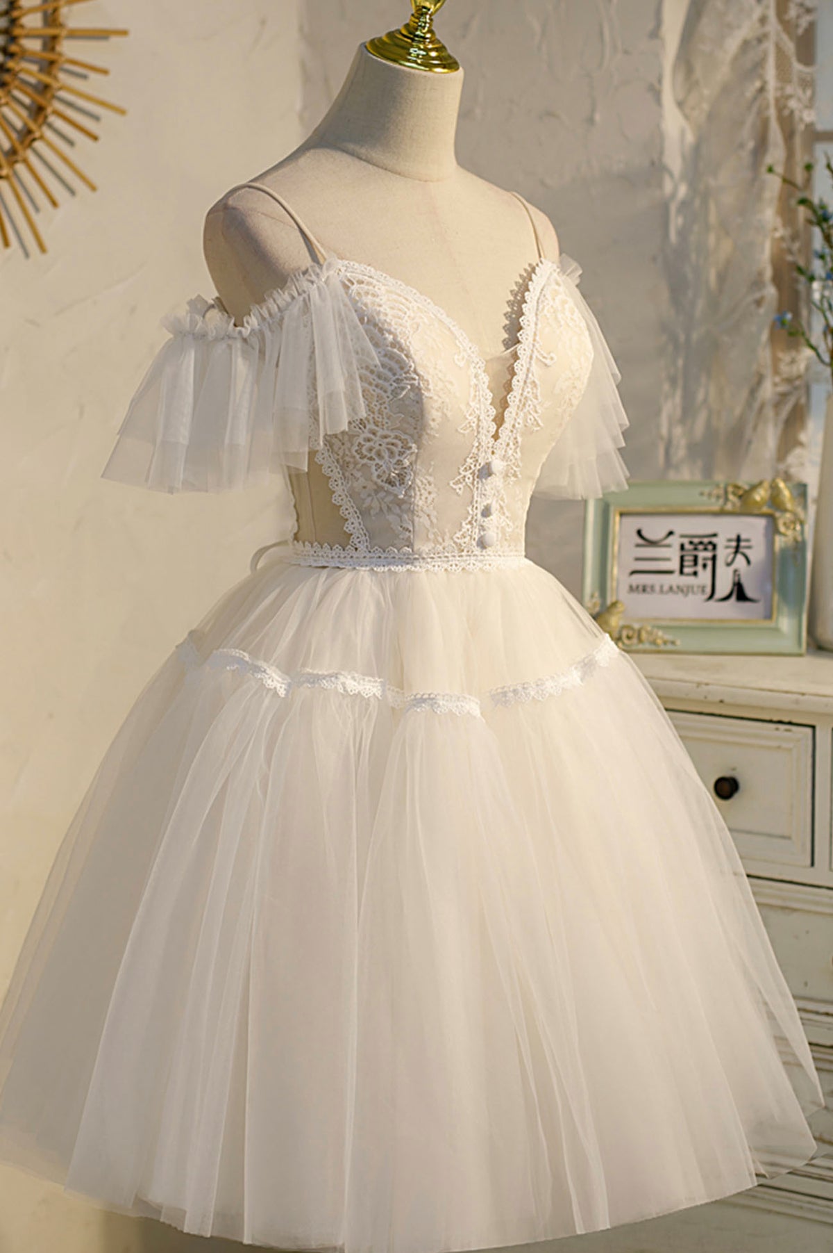 Champagne Spaghetti Straps Lace Short Prom Dress, A-Line Party Dress