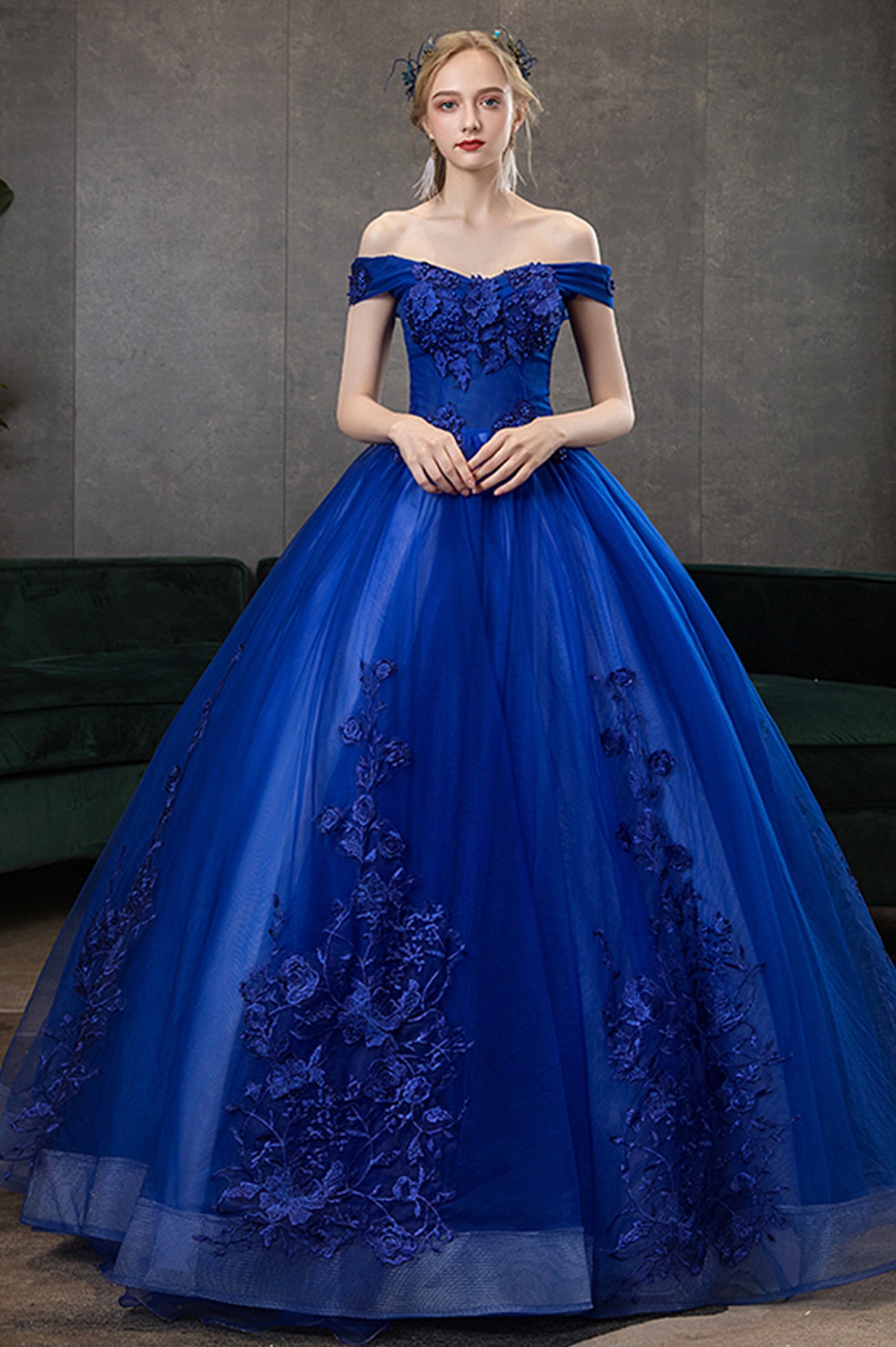 Blue Lace Long A-Line Ball Gown, Blue Off the Shoulder Formal Evening