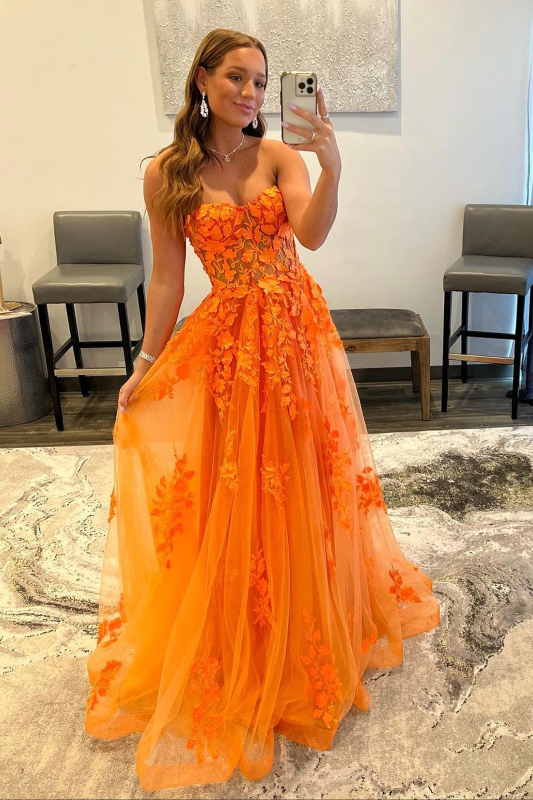 Orange Strapless Tulle Long Prom Dress with Lace, A-Line Evening Dress Orange Strapless Tulle Long Prom Dress with Lace, A-Line Evening Dress
