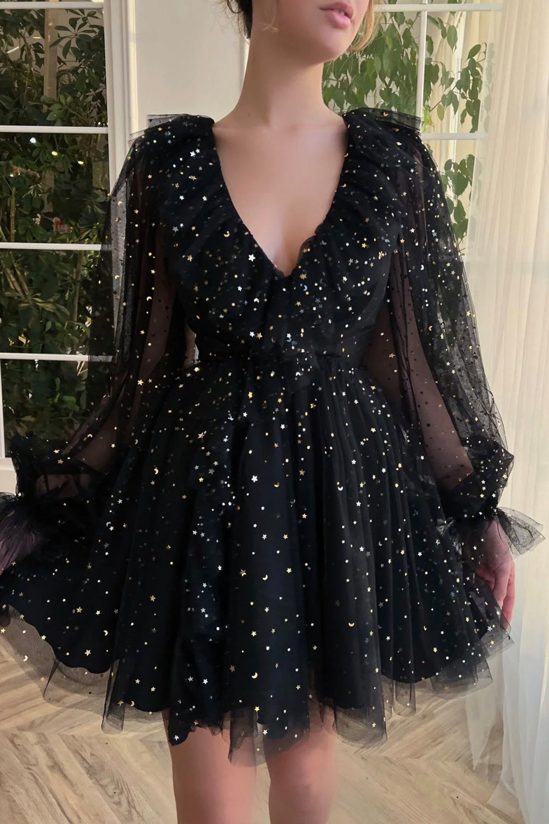 Two Pieces Black A-Line Long Sleeve O-Neck Long Prom Dresses