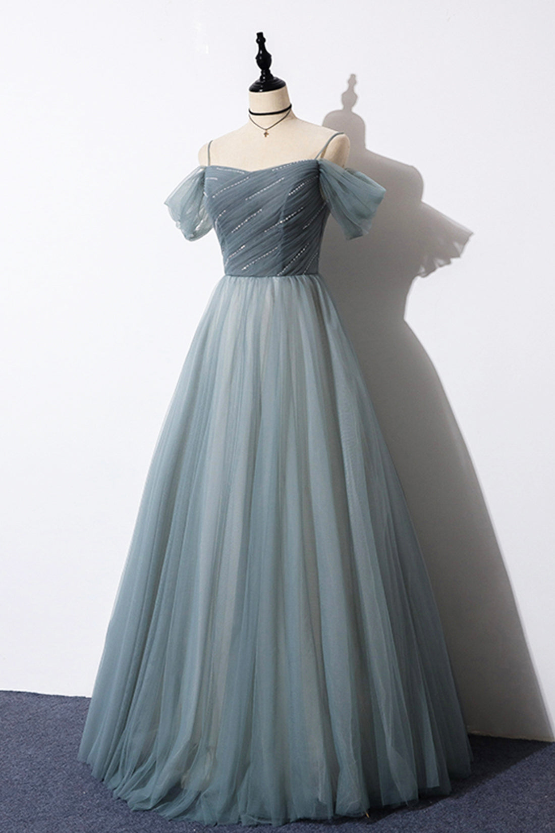 Gray Blue Spaghetti Strap Tulle Floor Length Prom Dress, Off Shoulder Gray Blue Spaghetti Strap Tulle Floor Length Prom Dress, Off Shoulder