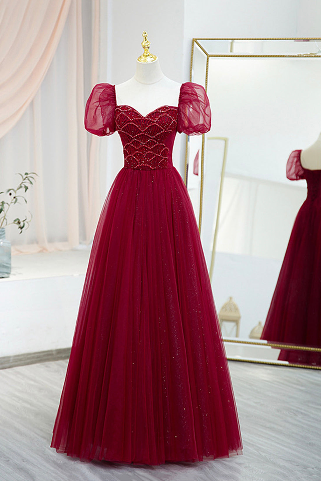 Burgundy Tulle Beaded Long Prom Dress, A-Line Short Sleeve Evening Dre