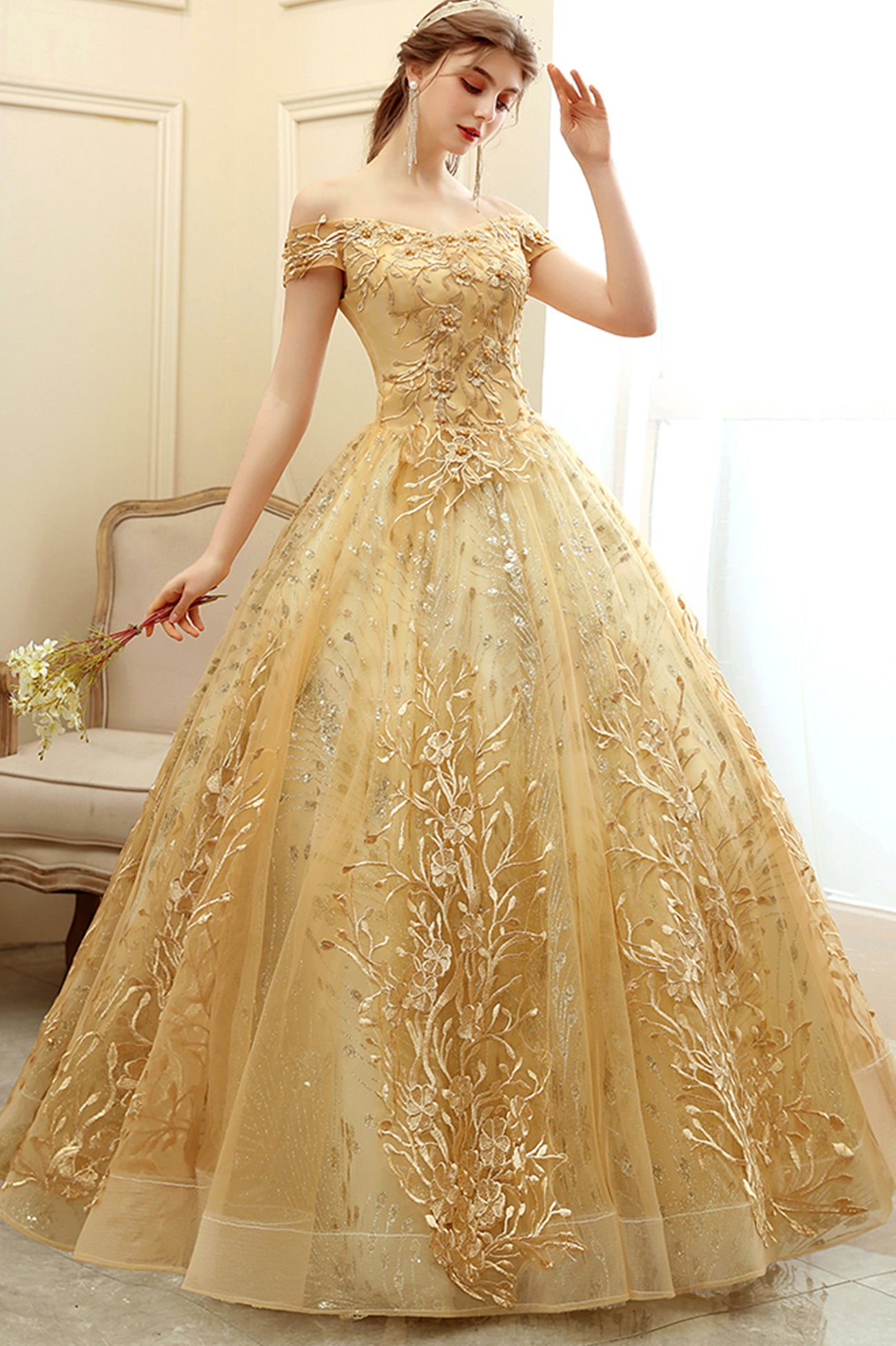 Gold Lace Long A-Line Ball Gown, Off the Shoulder Evening Party Gown Gold Lace Long A-Line Ball Gown, Off the Shoulder Evening Party Gown