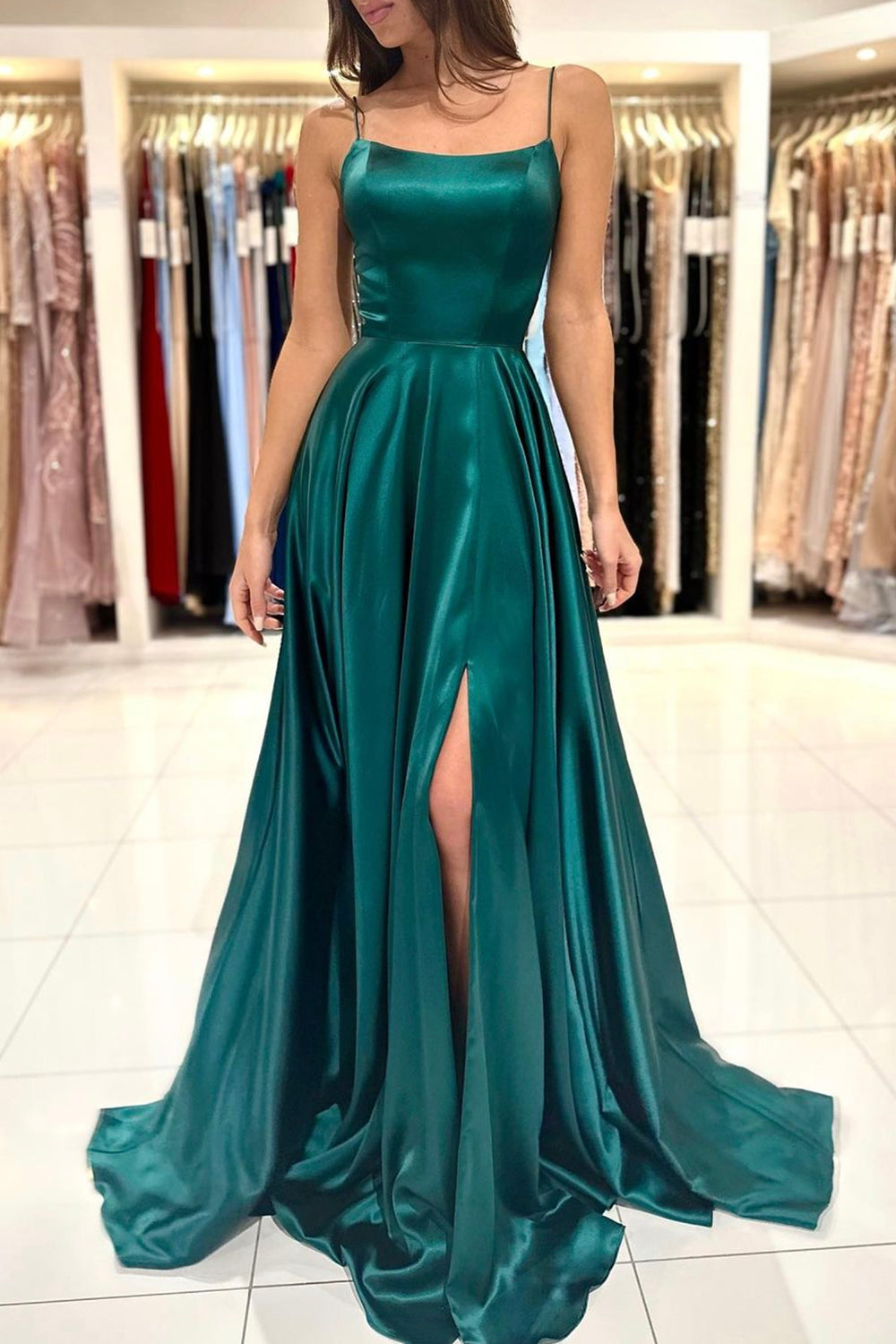 Green Satin Long Prom Dress, Simple A-Line Evening Dress Green Satin Long Prom Dress, Simple A-Line Evening Dress