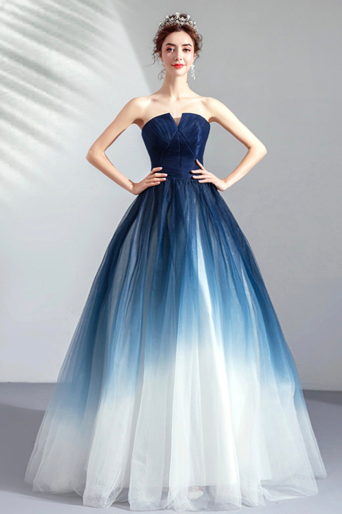 Blue Gradient Tulle Strapless Long A-Line Prom Dress, Blue Evening Party Dress