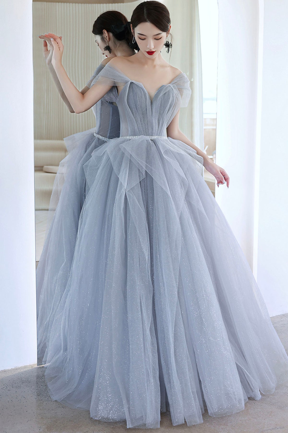 Blue Tulle Long A-Line Prom Dress, Blue Off the Shoulder Evening Graduation Dress
