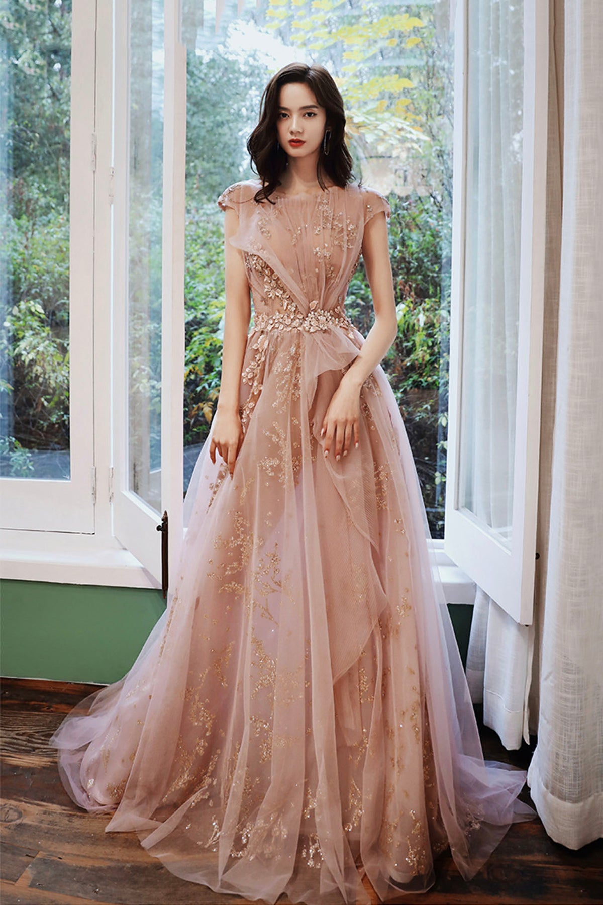 A-Line Tulle Long Prom Dress with Sequins, Cute Evening Party Dress