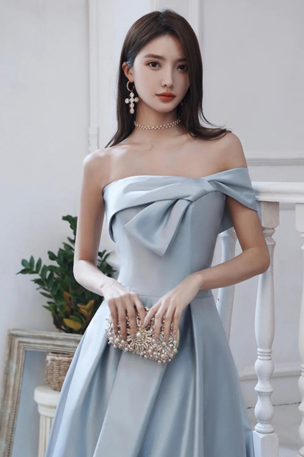 Blue Satin Long A-Line Prom Dress, Off the Shoulder Evening Dress with Slit