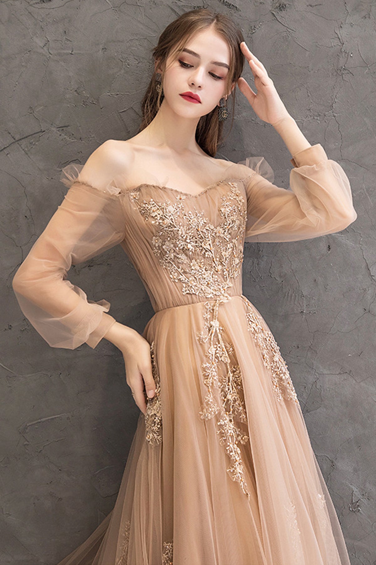 Cute Tulle Lace Off the Shoulder Evening Dress, Long Sleeve A-Line Prom Dress
