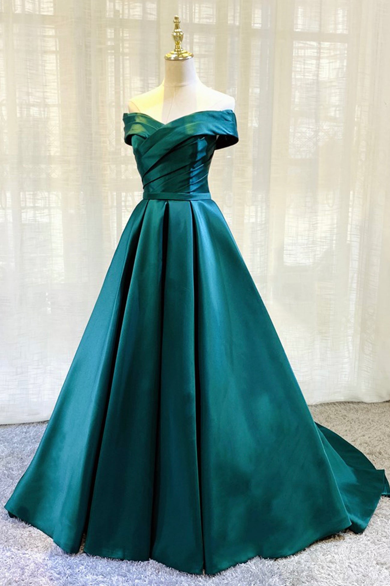Green Satin Long A-Line Prom Dress, Off the Shoulder Evening Dress wit