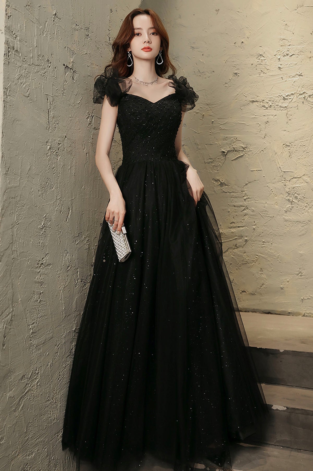 Black Tulle Long Prom Dress with Beaded, Black Evening Graduation Dress