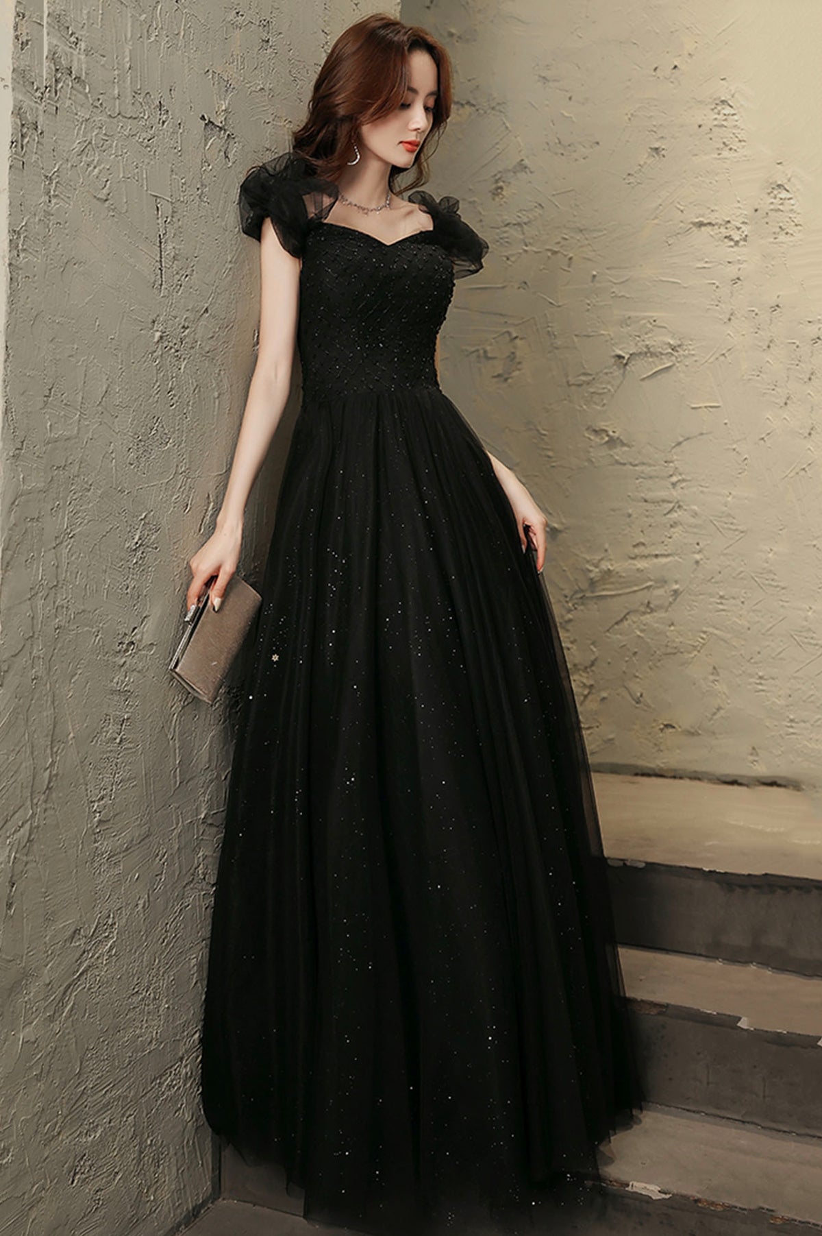 Black Tulle Long Prom Dress with Beaded, Black Evening Graduation Dress