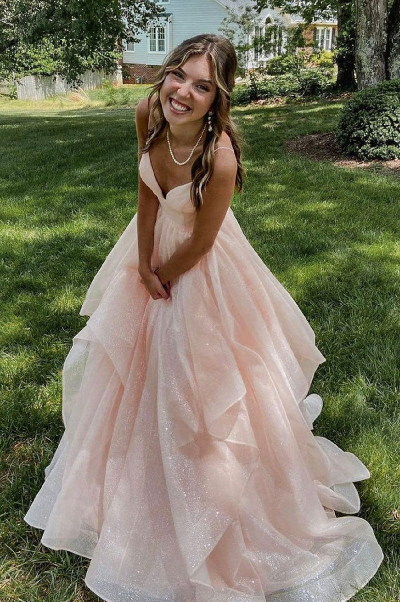 Beautiful Pink V-neckline Tulle Long Party Dress, Fashionable New Prom Dress