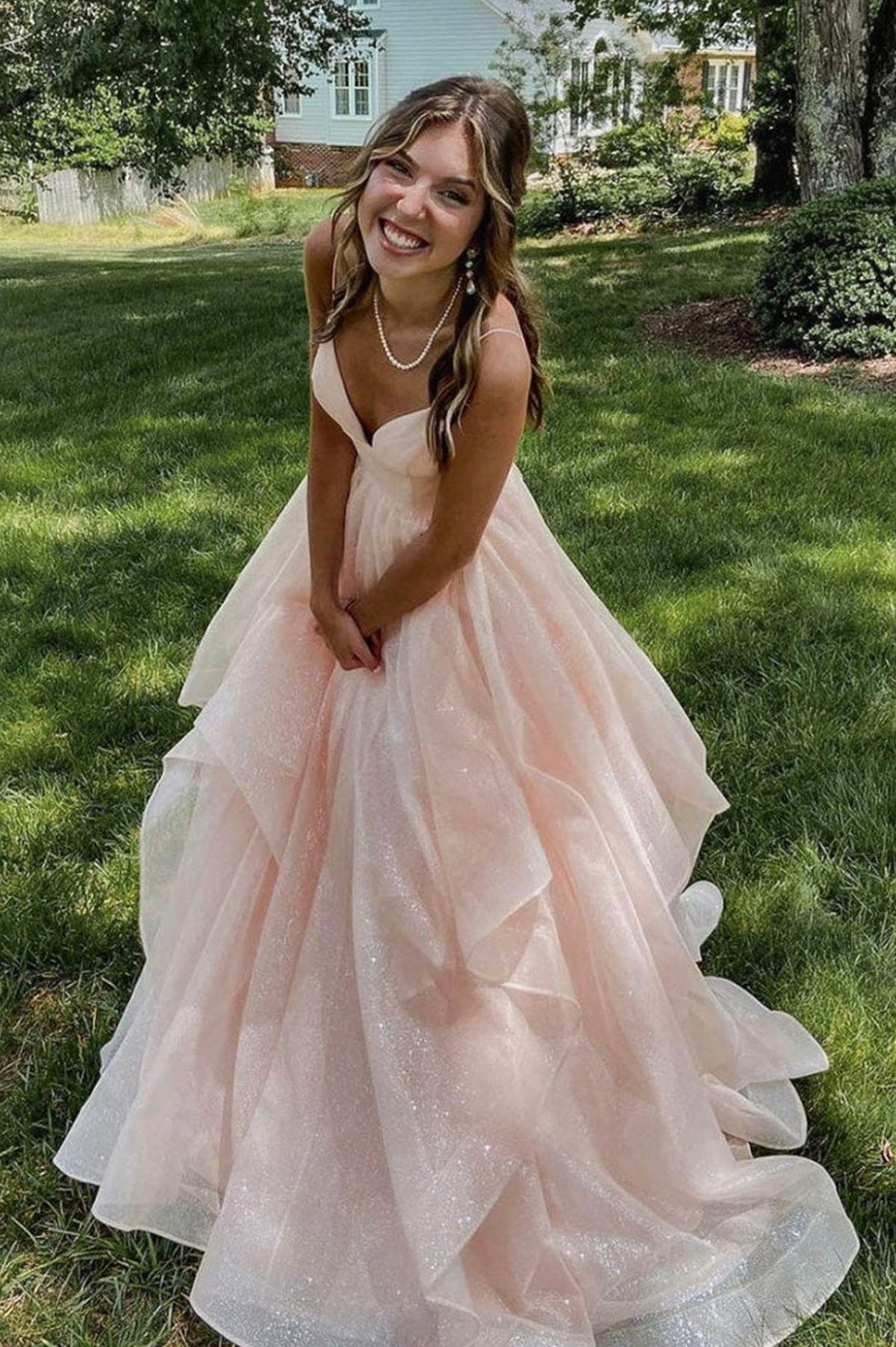Pink V-Neck Tulle Long Evening Dress, A-Line Backless Prom Dress