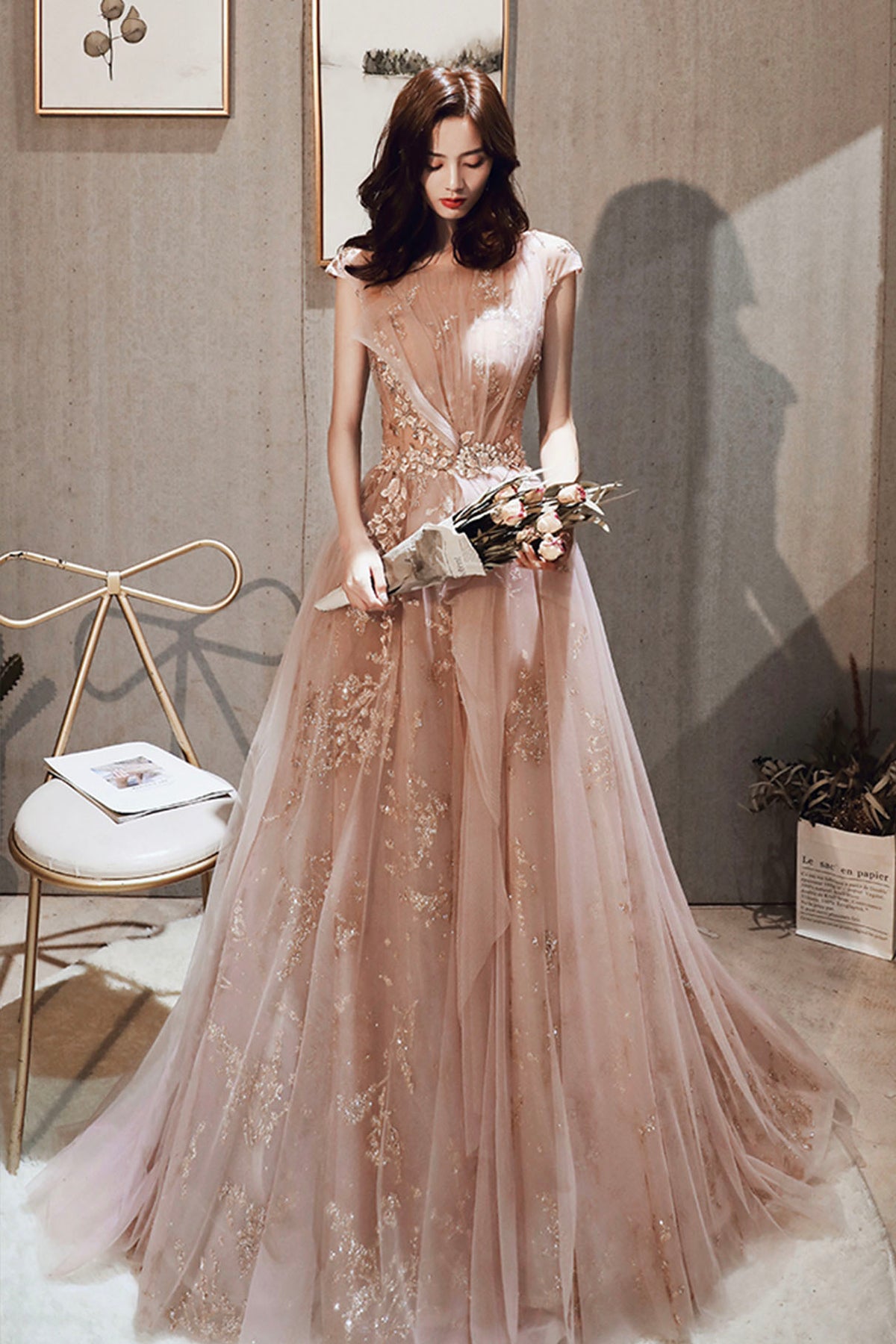A-Line Tulle Long Prom Dress with Sequins, Cute Evening Party Dress