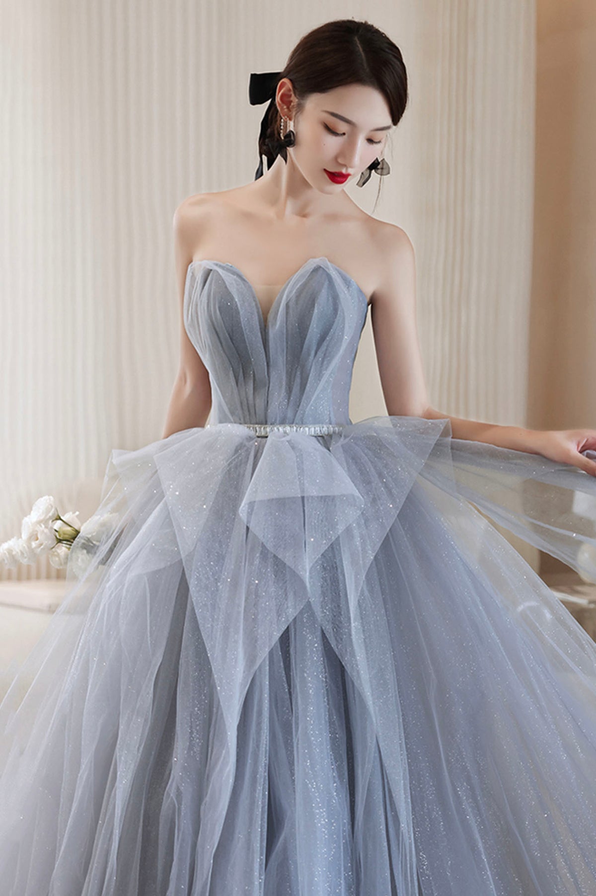 Blue Tulle Long A-Line Prom Dress, Blue Off the Shoulder Evening Graduation Dress