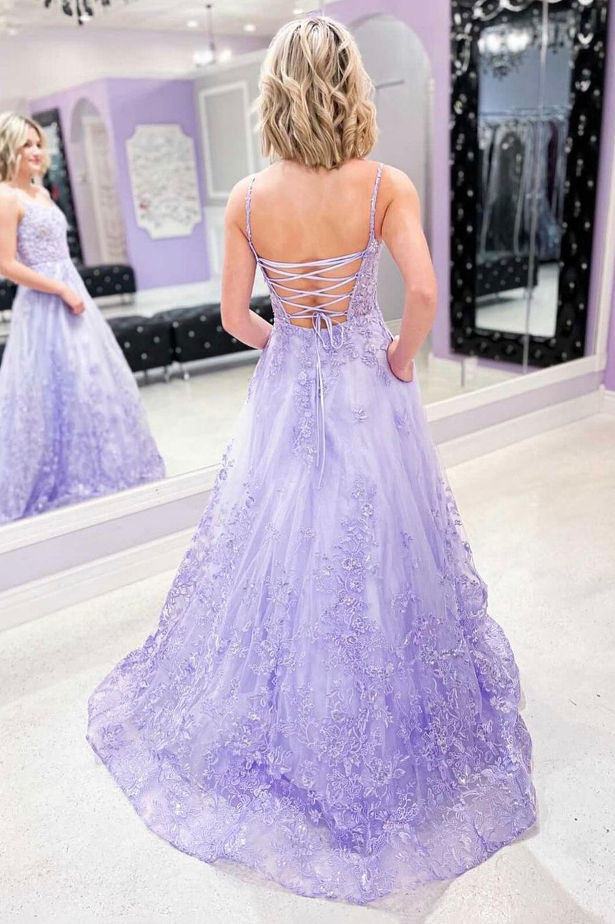 Purple Lace Long Formal Evening Dress, A-Line Backless Party Dress