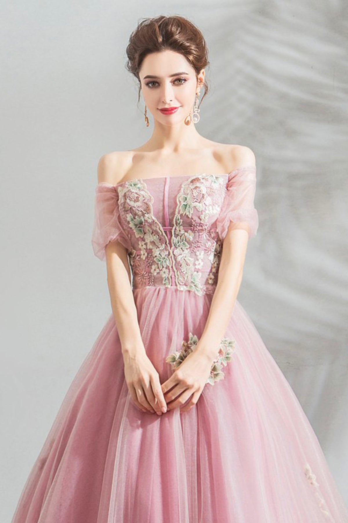 Pink Lace Long A-Line Prom Dress, Off the Shoulder Evening Party Dress