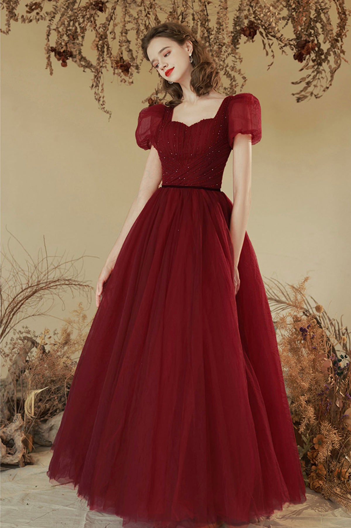Burgundy Tulle Long A-line Prom Dress, Cute Short Sleeve Evening Party Dress