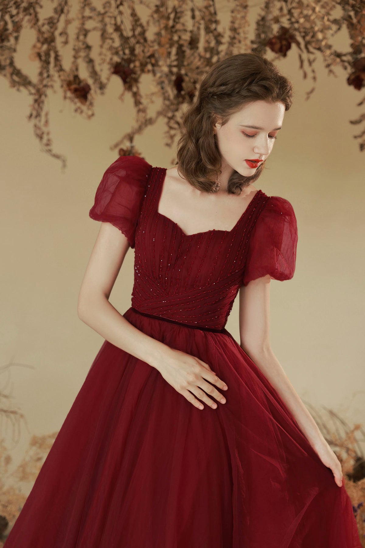 Burgundy Tulle Long A-line Prom Dress, Cute Short Sleeve Evening Party Dress