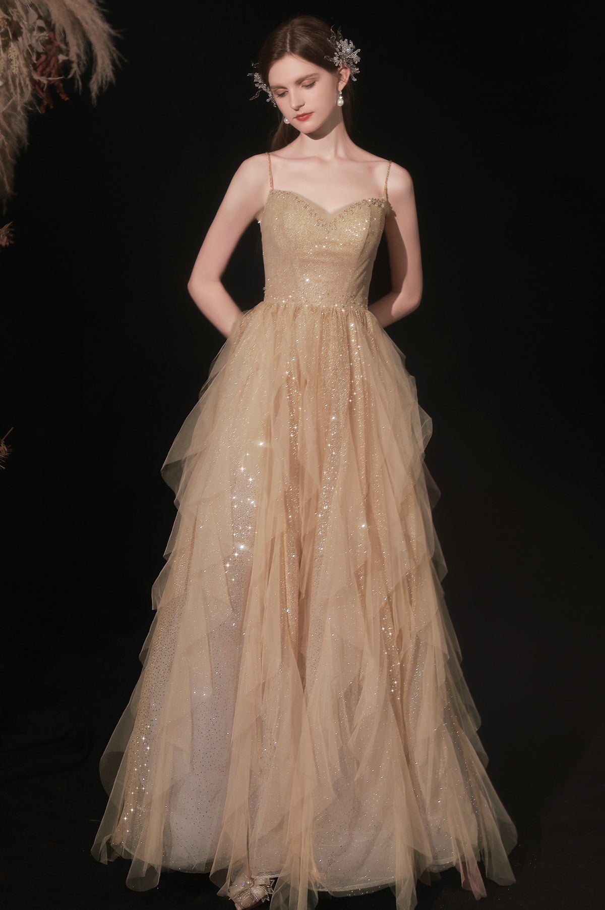 Shiny Tulle Sequins Long Prom Dress, Champagne A-Line Graduation Dress
