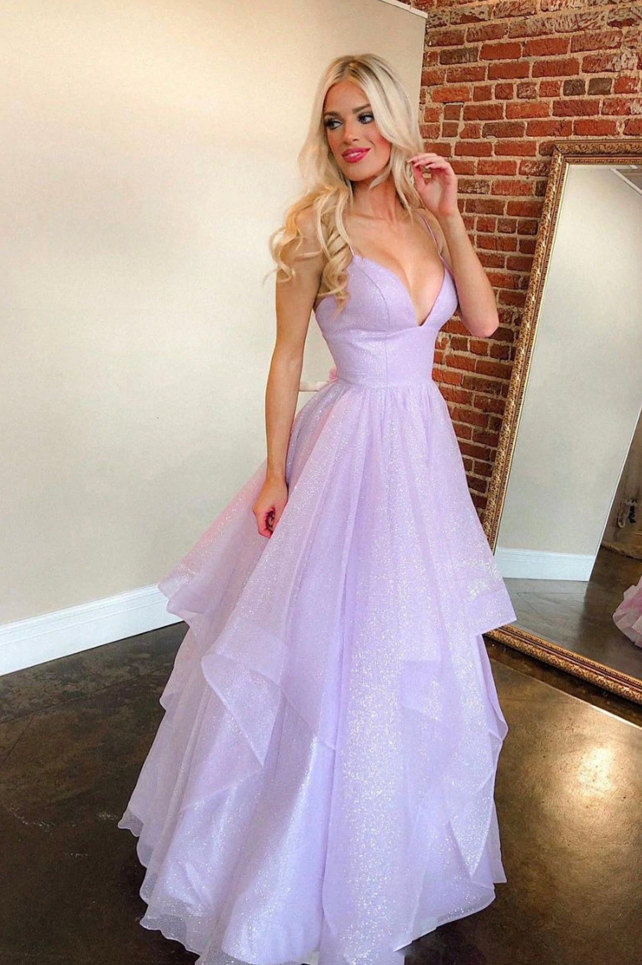 Purple Tulle Long A-Line Prom Dress, V-Neck Spaghetti Straps Evening D Purple Tulle Long A-Line Prom Dress, V-Neck Spaghetti Straps Evening D