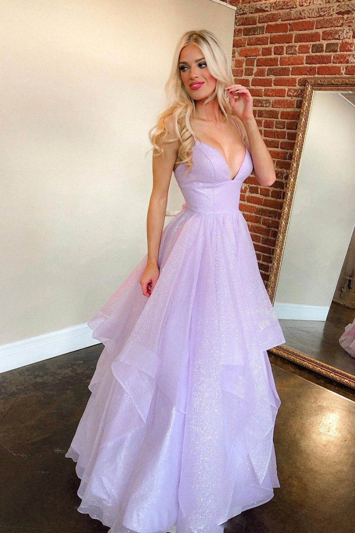 Purple Tulle Long A-Line Prom Dress, V-Neck Spaghetti Straps Evening Dress