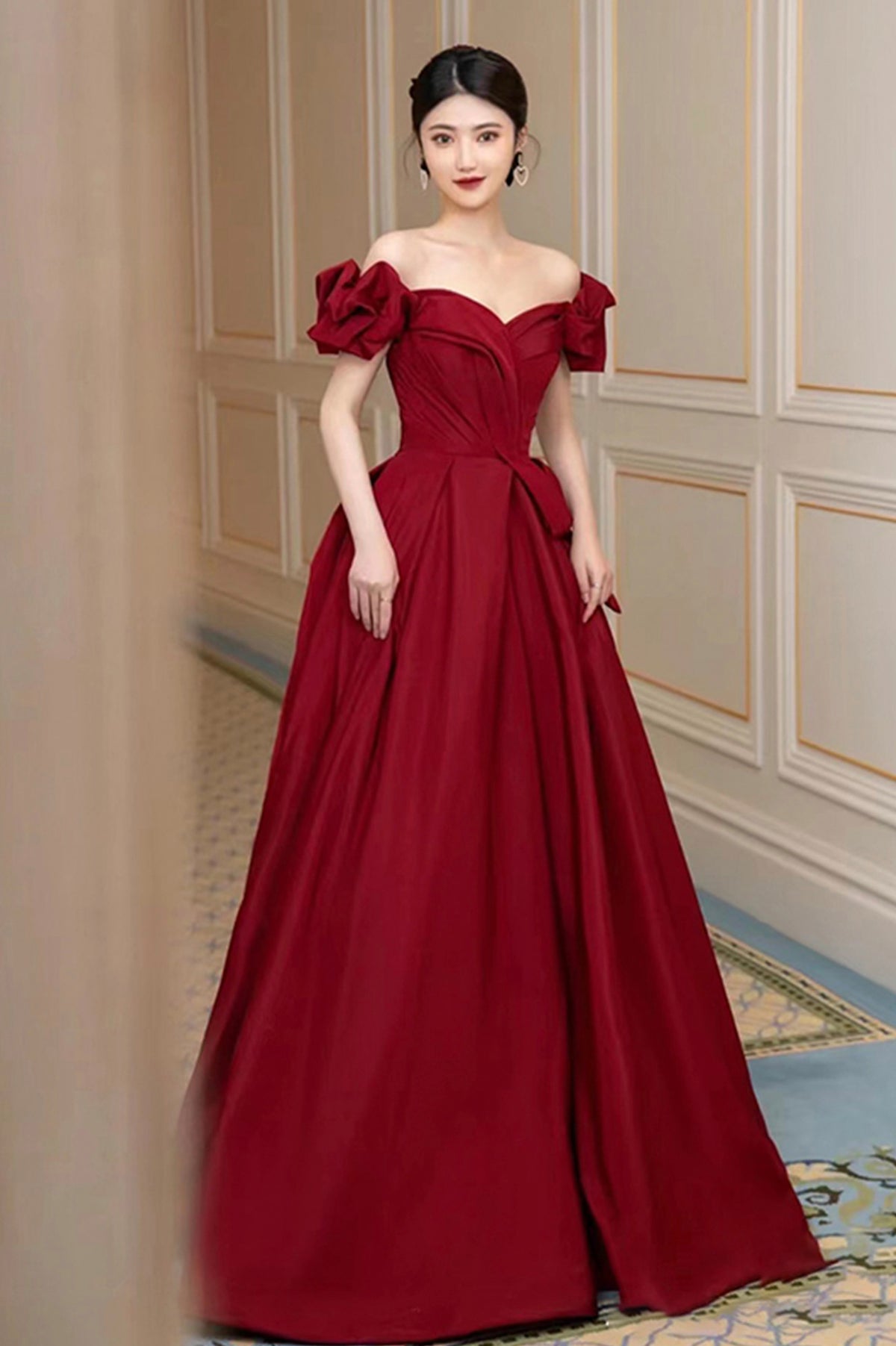 Burgundy Satin Long A-Line Prom Dress, Off the Shoulder Graduation Dress