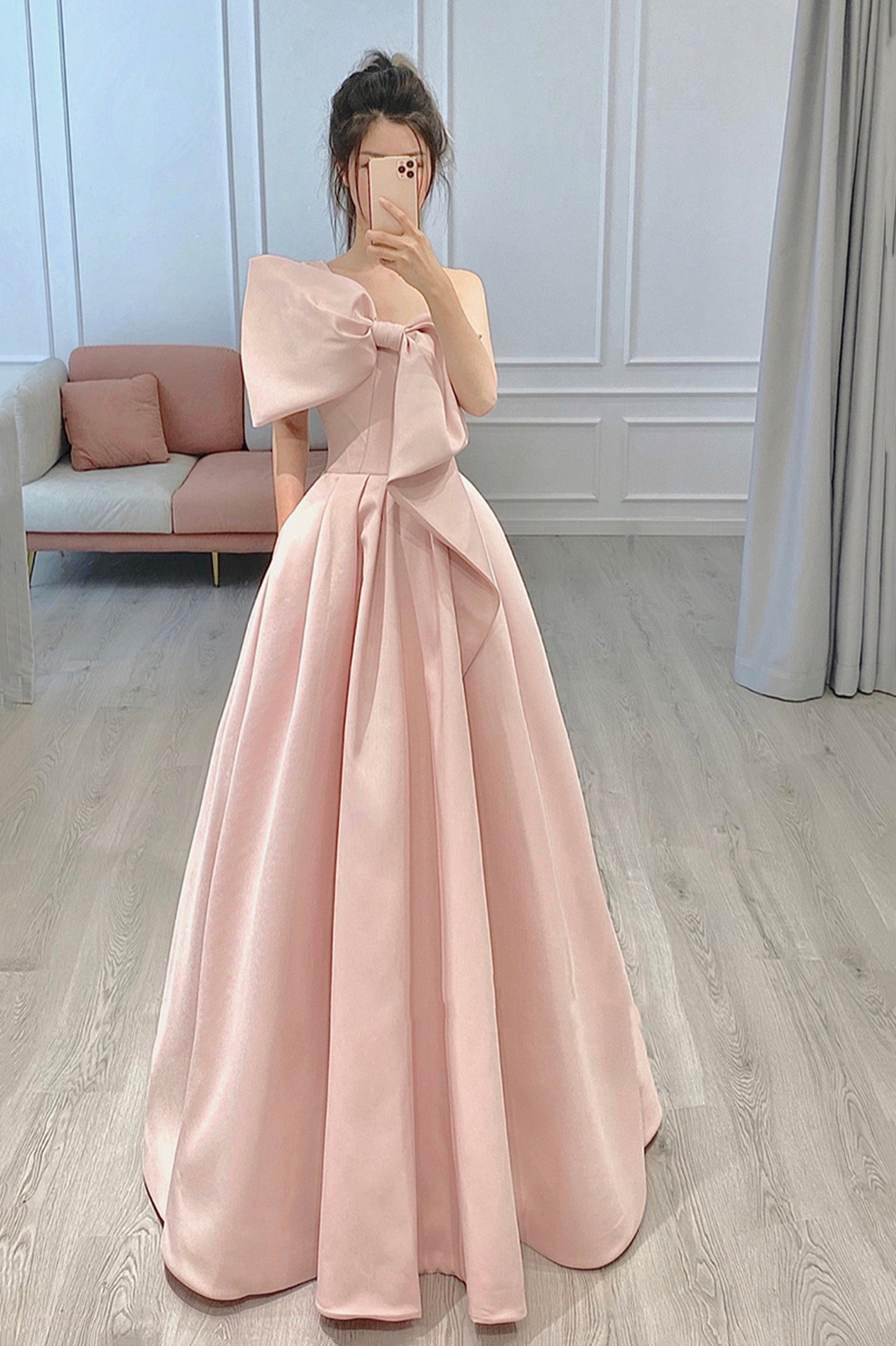 Pink Satin Long A-Line Prom Dress with Bow, One Shoulder Evening Party Pink Satin Long A-Line Prom Dress with Bow, One Shoulder Evening Party