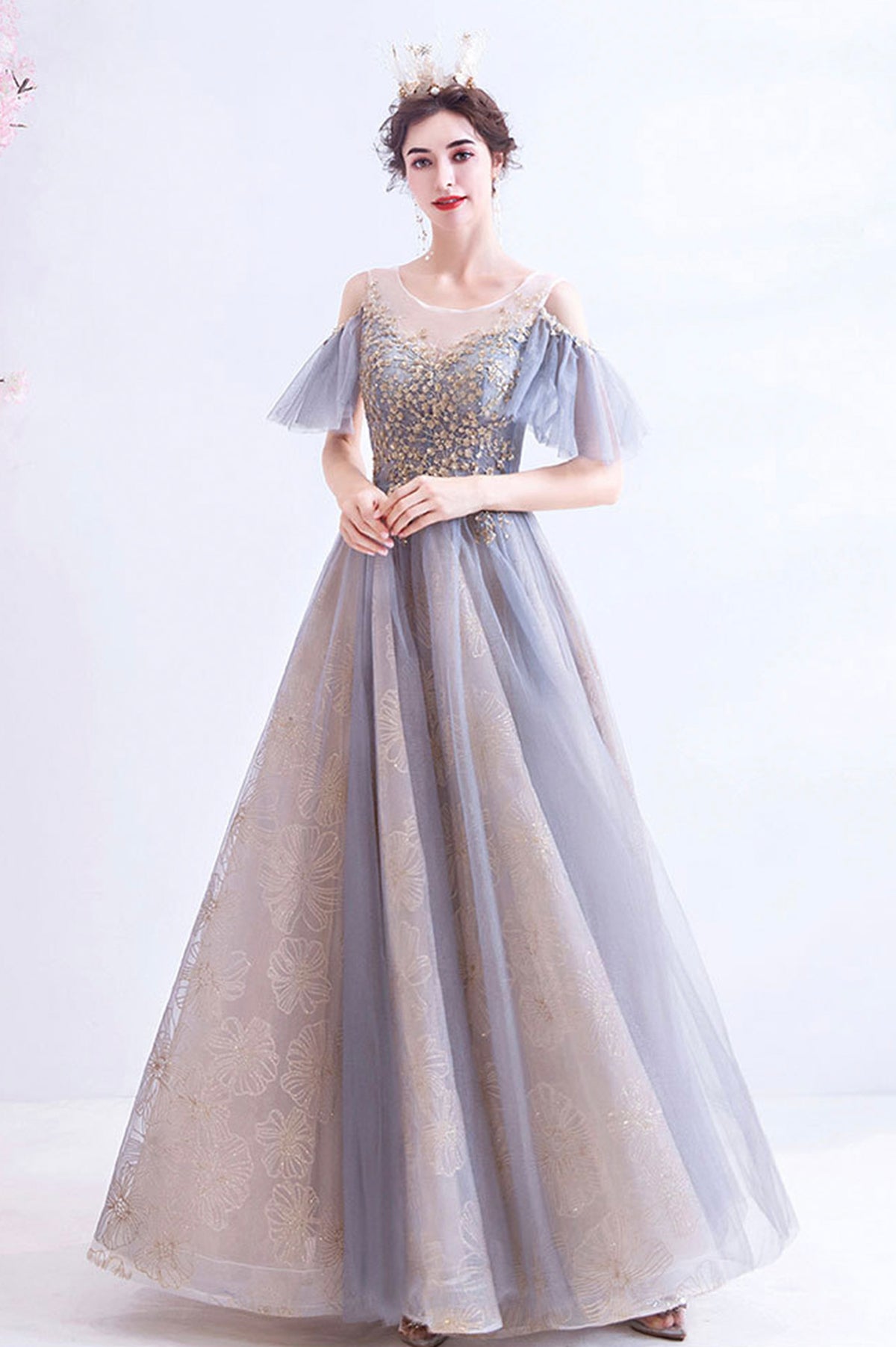 A-Line Tulle Sequins Floor Length Prom Dress, Purple Formal Evening Dress