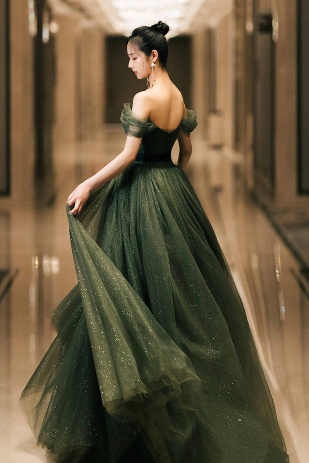 Green Tulle Long Prom Dress, Off the Shoulder A-Line Evening Party Dre Green Tulle Long Prom Dress, Off the Shoulder A-Line Evening Party Dre