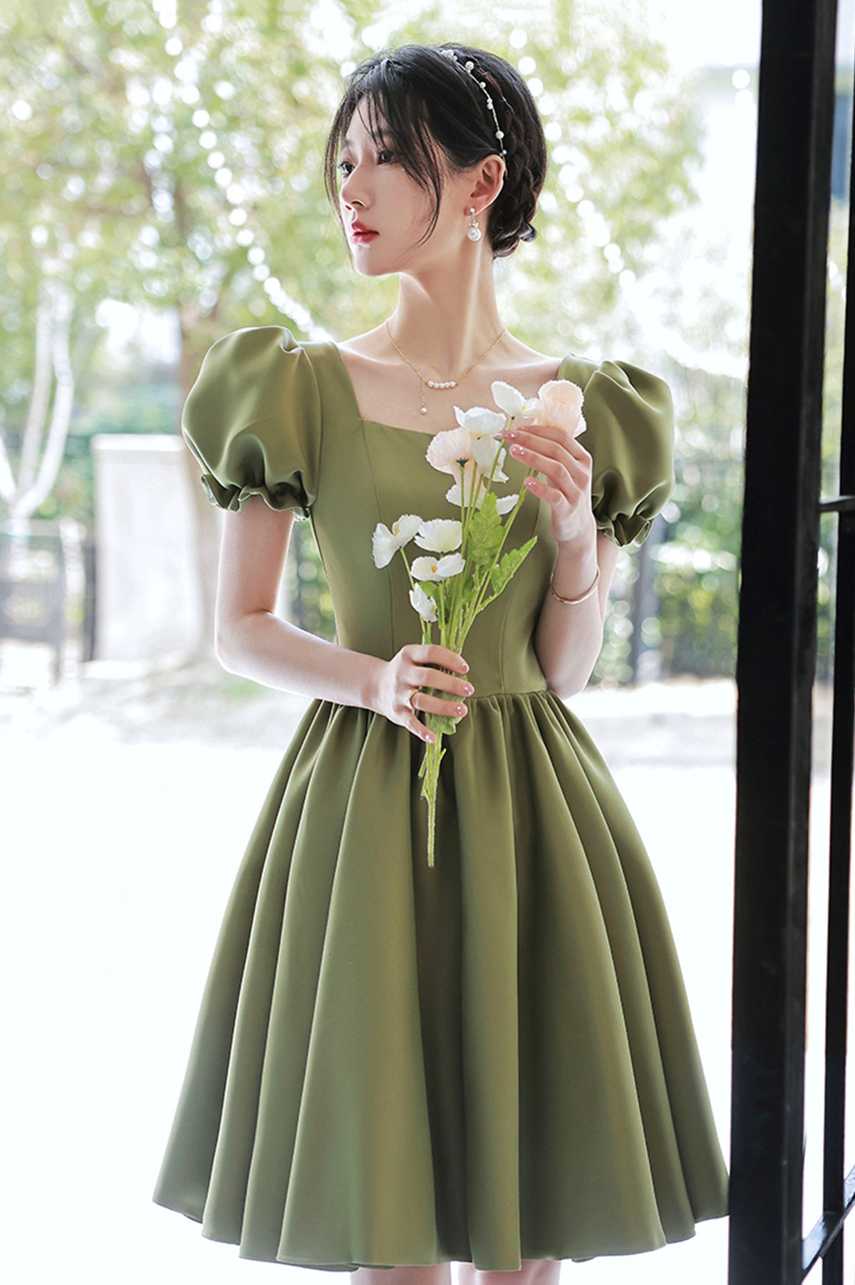 Green Satin Short A-Line Prom Dress, Cute Short Sleeve Homecoming Dress