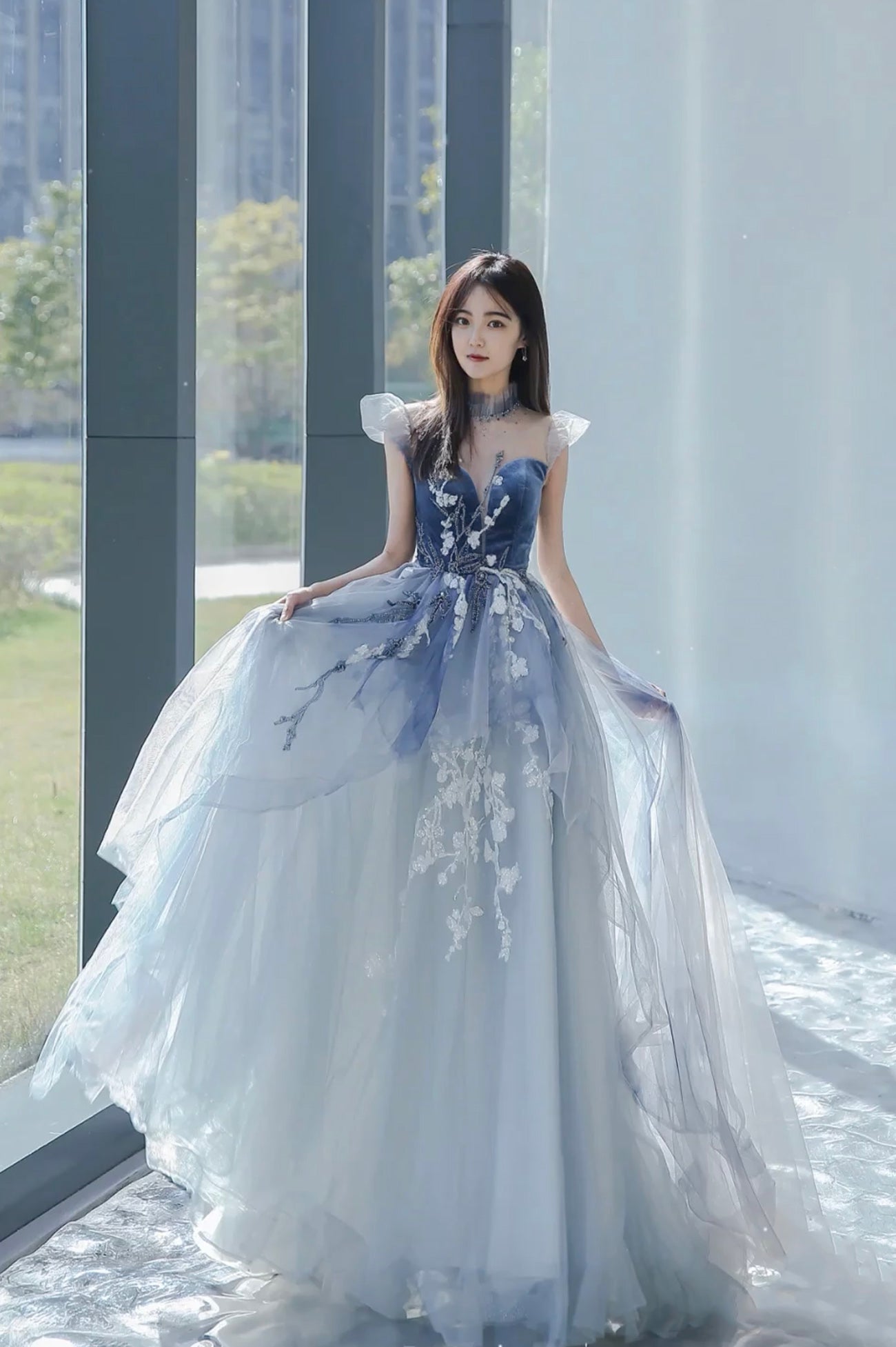 Blue Tulle Long A-Line Prom Dress with Lace, Lovely Evening Party Dres