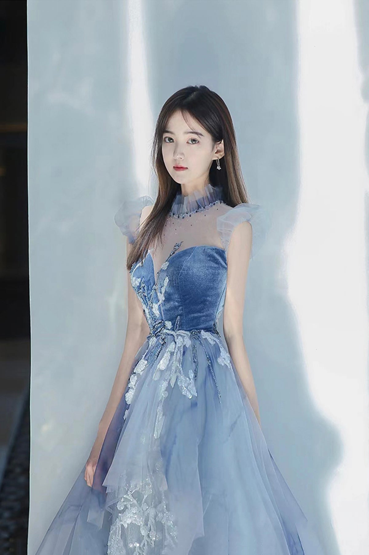 Blue Tulle Long A-Line Prom Dress with Lace, Lovely Evening Party Dress