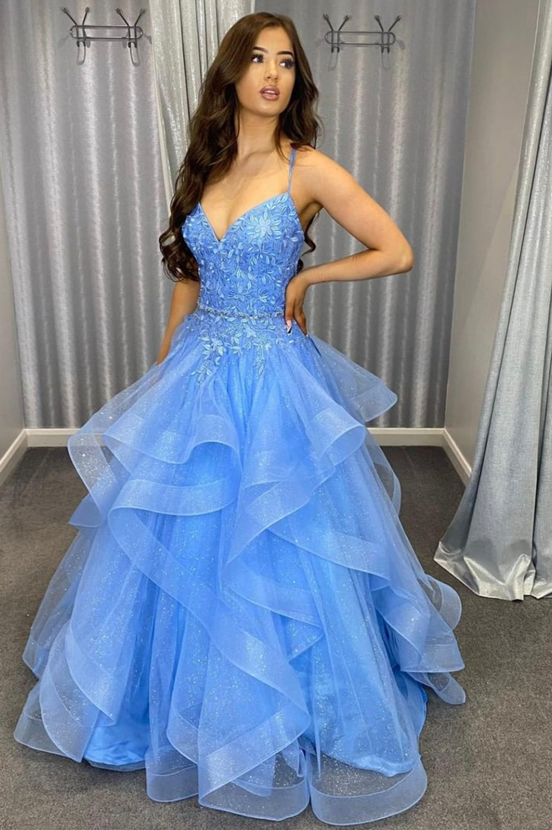 Blue Tulle Layers Long Formal Dress, V-Neck Spaghetti Straps Evening P Blue Tulle Layers Long Formal Dress, V-Neck Spaghetti Straps Evening P